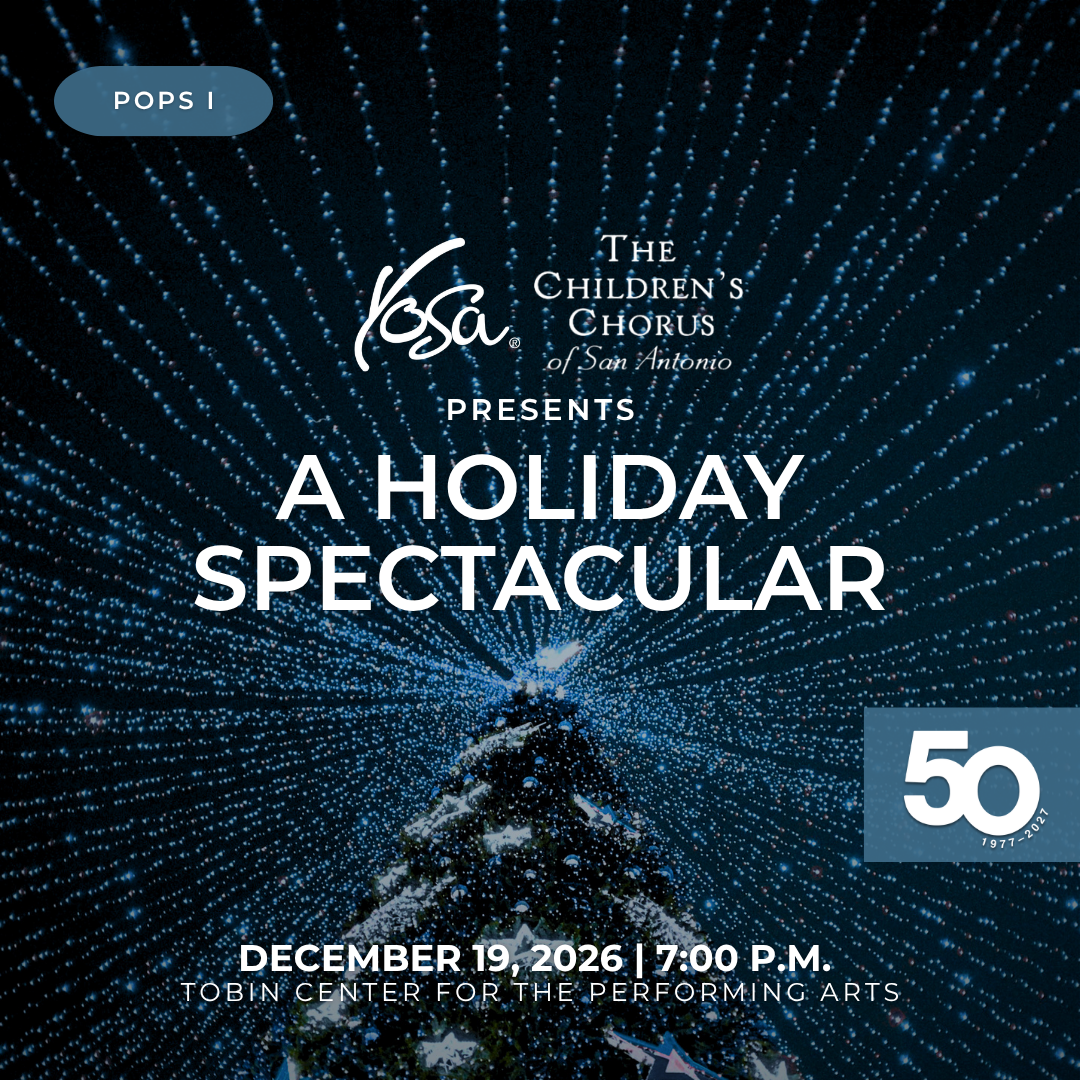 Event poster advertising YOSA presents A Holiday Spectacular featuring Yosa Philharmonic on December 20, 2025 at 7:00 p.m. at the Tobin Center for the Performing Arts.