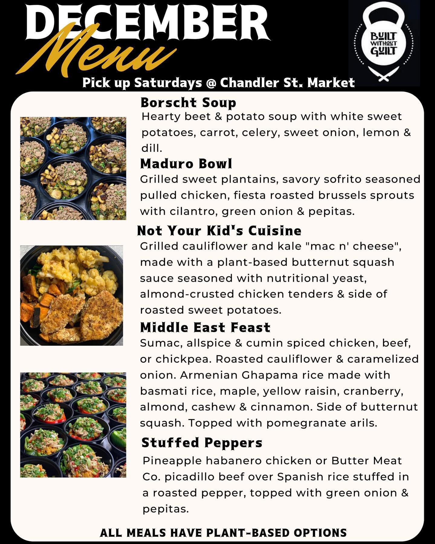 The December menu is LIVE. Get excited! 🔥

Which meal are you most excited to try?

🔗 Link in bio to place your order! Orders are due by 11 pm every Tuesday for Saturday pickup at the @chandlerstreetwintermarket.

&bull;
&bull;
&bull;
&bull;

#meal