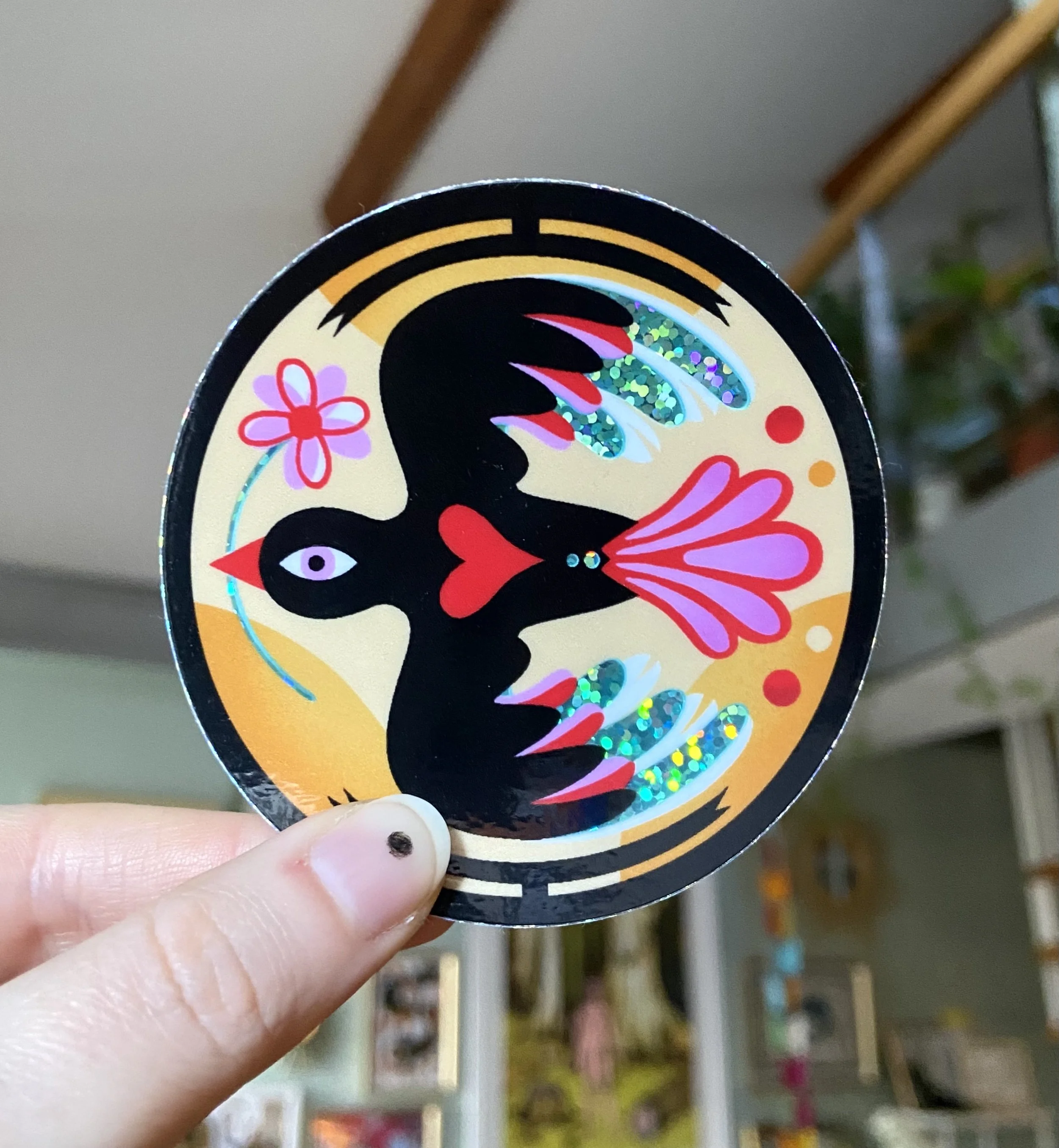 Sticker glitter : Oiseau à la fleur