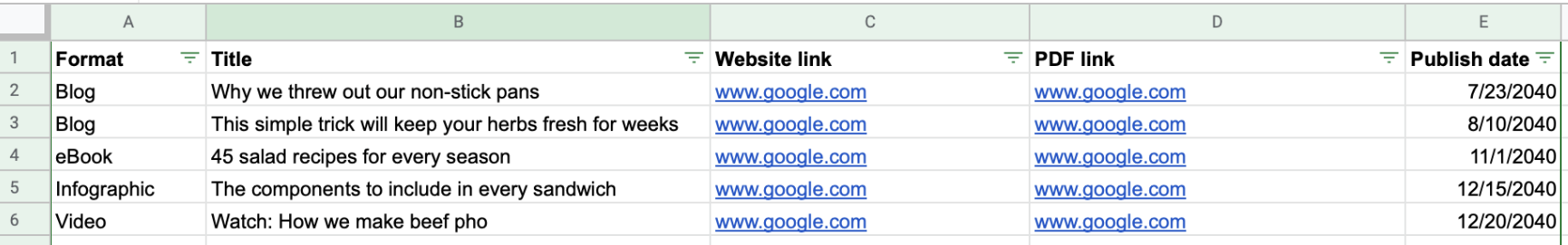 When creating a content roadmap, include a tab for the content you've published in the past