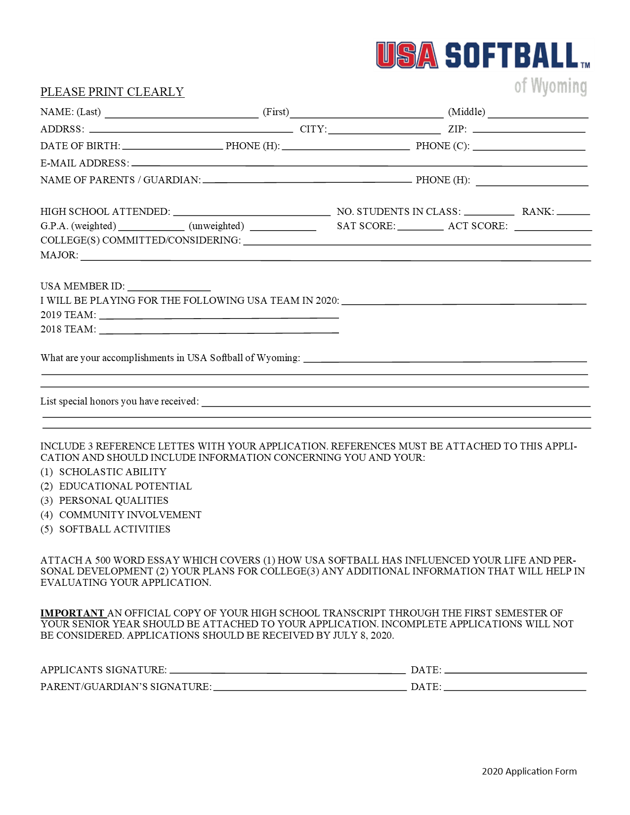 Scholarship — USA Softball of Wyoming