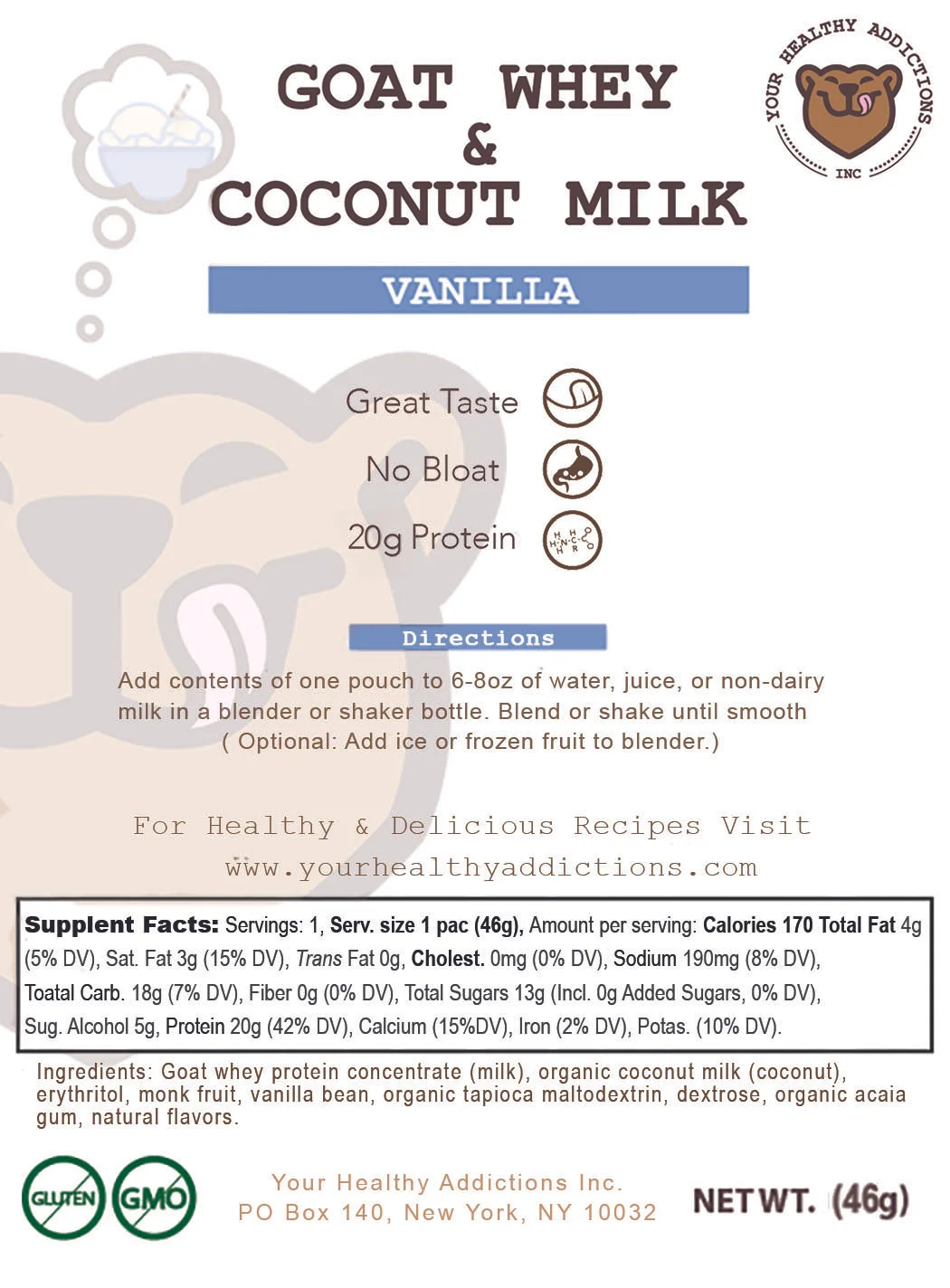 vanilla goat whey and coconut milk protein powder nutrition label single serving