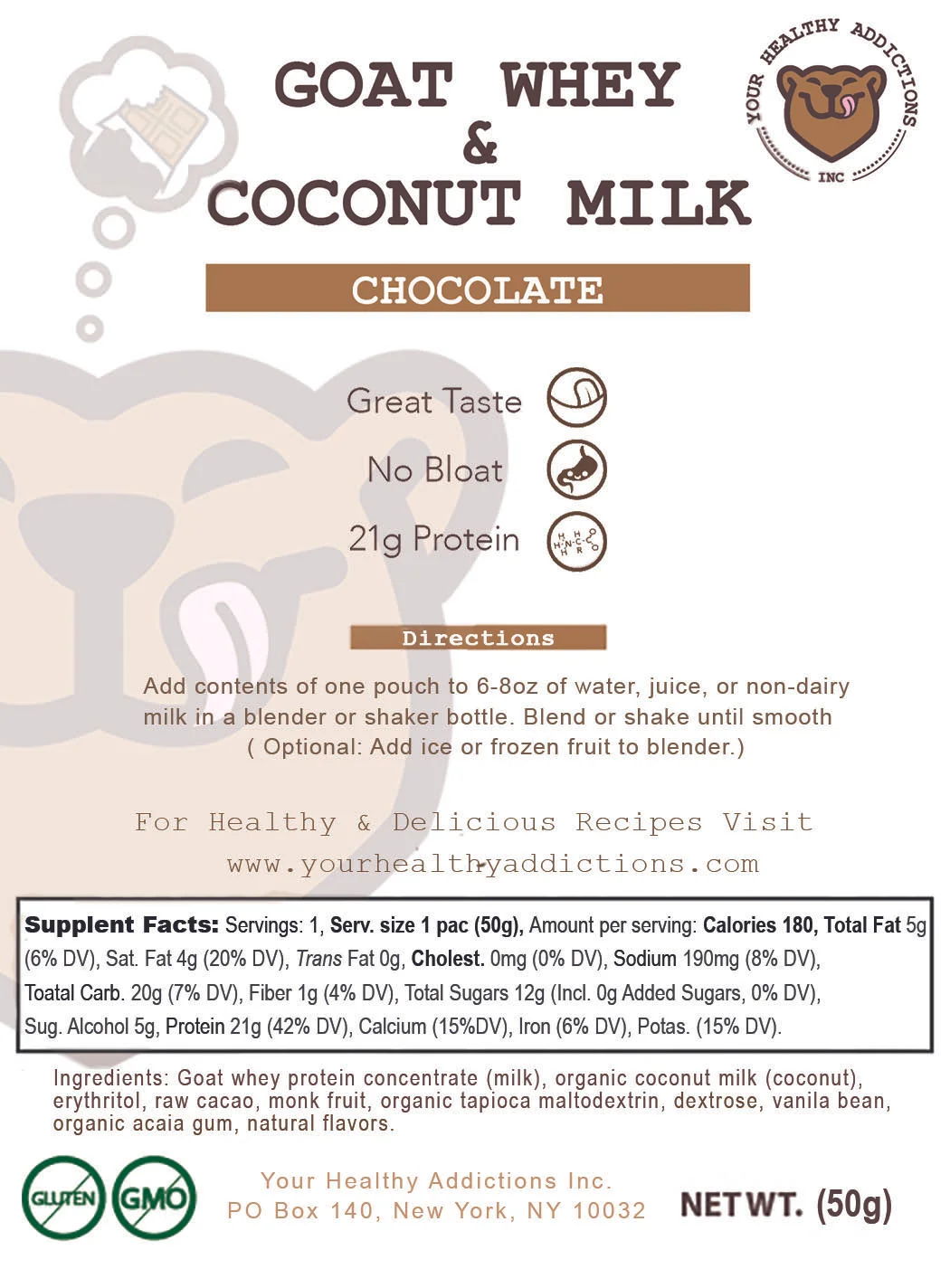 chocolate goat whey and coconut milk protein powder nutrition label single serve