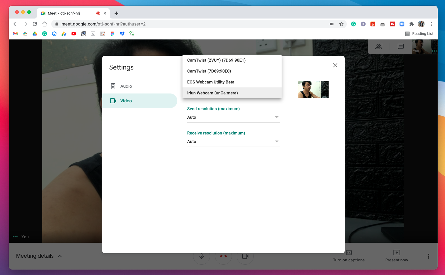 Google Meet in a Chrome internet browser.