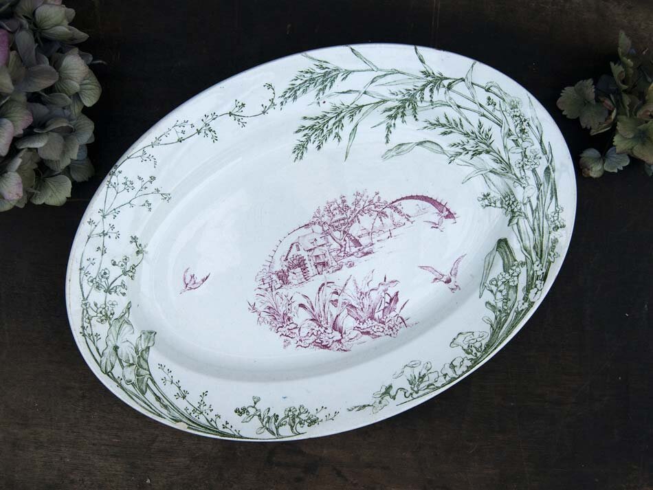 French ironstone platter with two-colored transferware