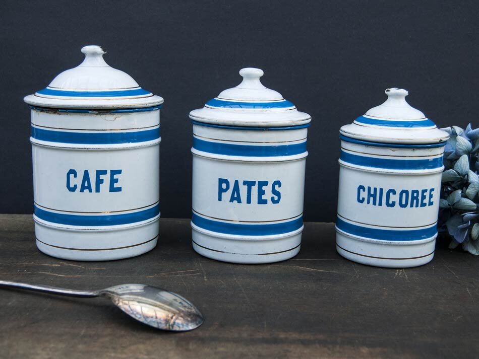 French kitchen canisters in white and blue enamel