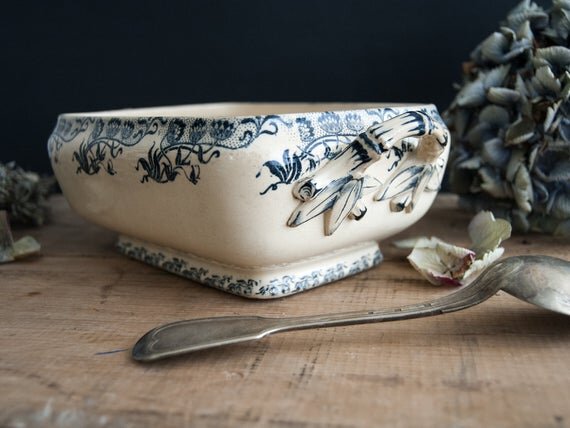 Antique French tureen white ironstone and blue transferware from Sarreguemines