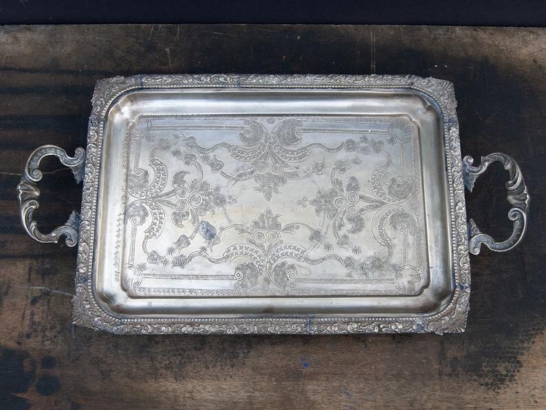 Vintage rectangular serving tray with handles