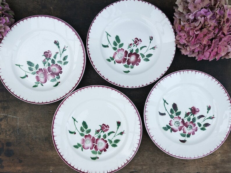 Set of 4 vintage pink transferware French plates from Digoin