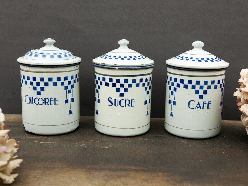 Set of 3 vintage French enamel canisters