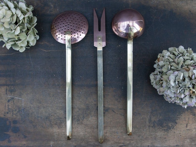 French vintage copper serving utensils