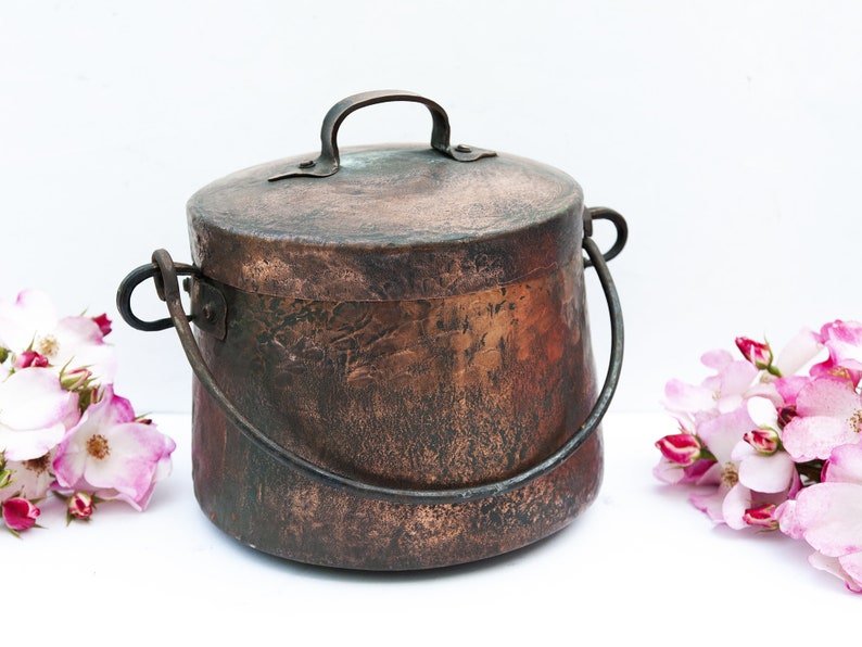 antique french hammered copper cauldron