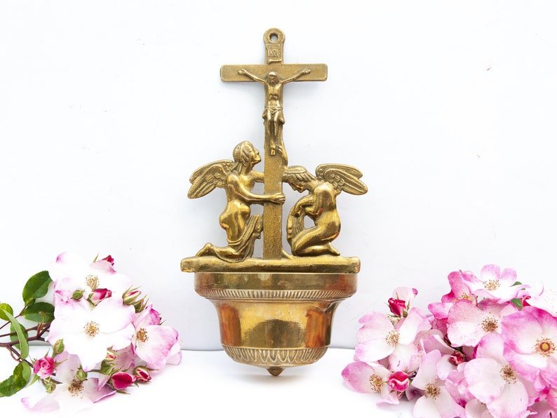 Antique French brass holy water font