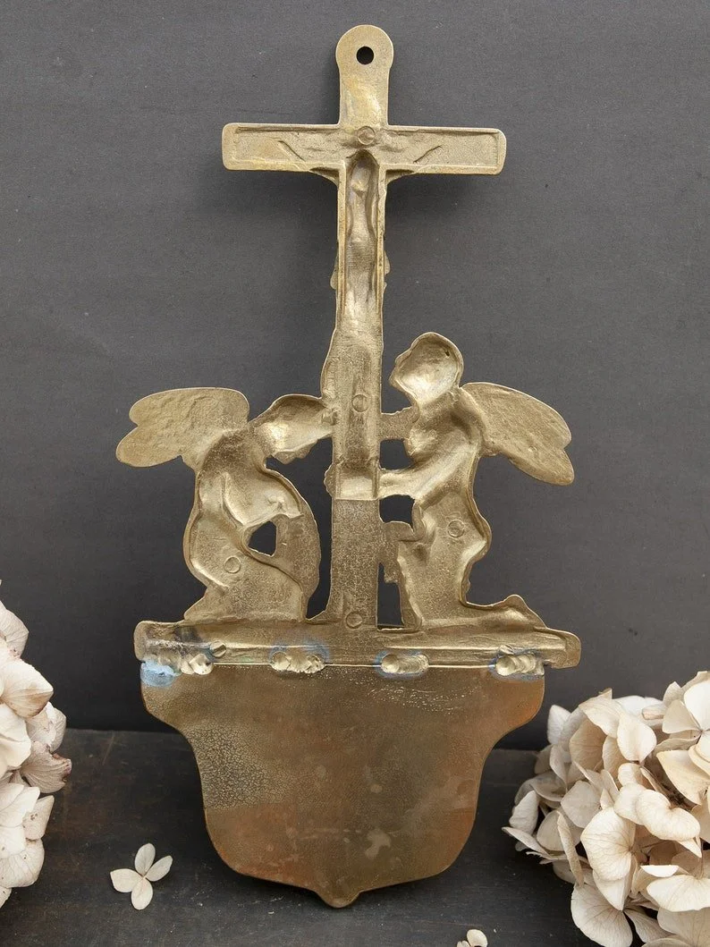 Antique French brass holy water font — Brocante Ma Jolie