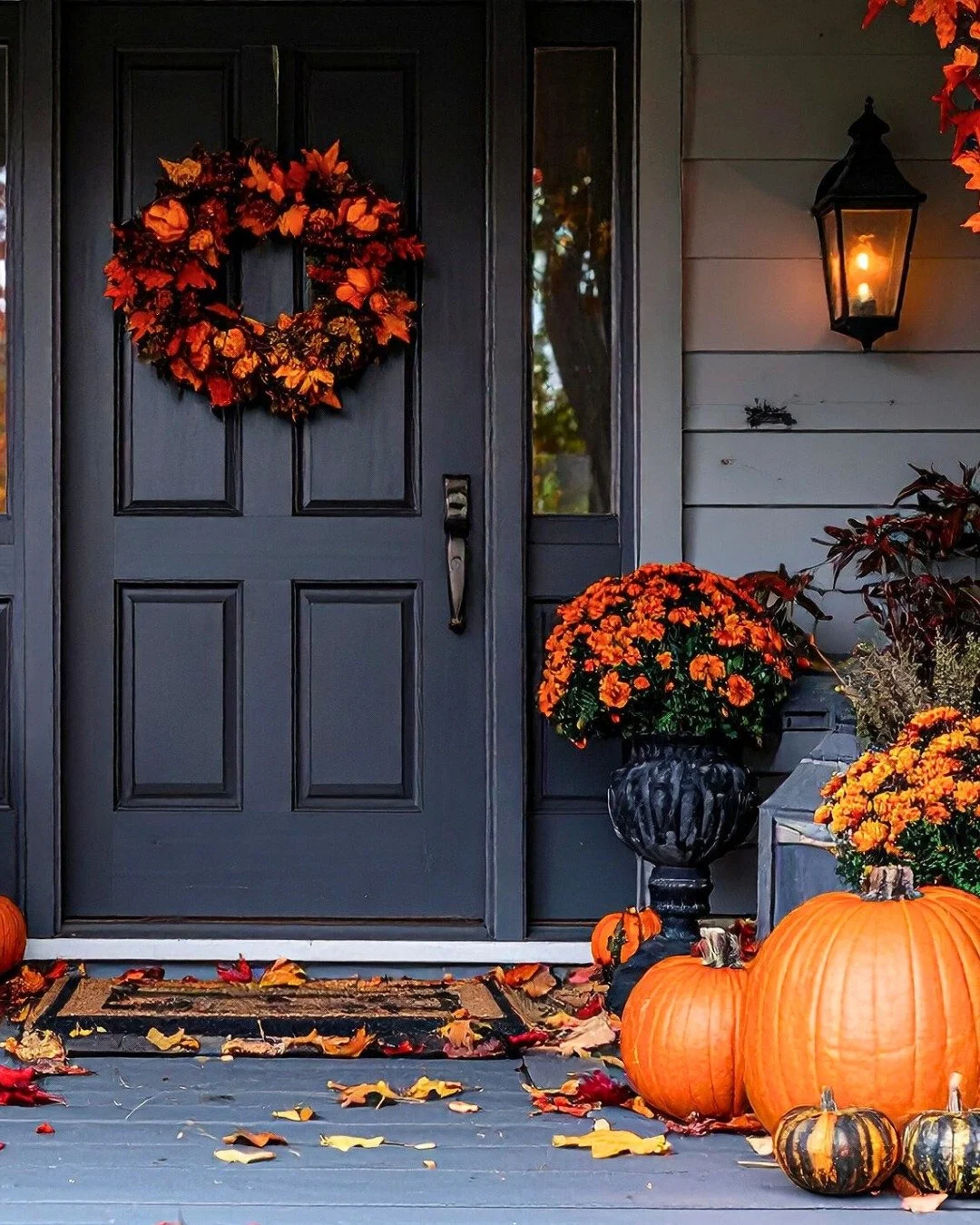 Fall decor looks even better when it's next to a freshly painted front door 🍂 A free weekend is all you need to refresh your entryway!