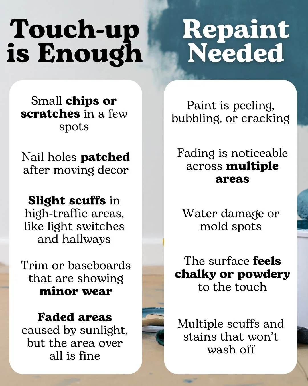 Not sure if you need a full repaint or just a touch-up? Here are some quick ways to tell!
