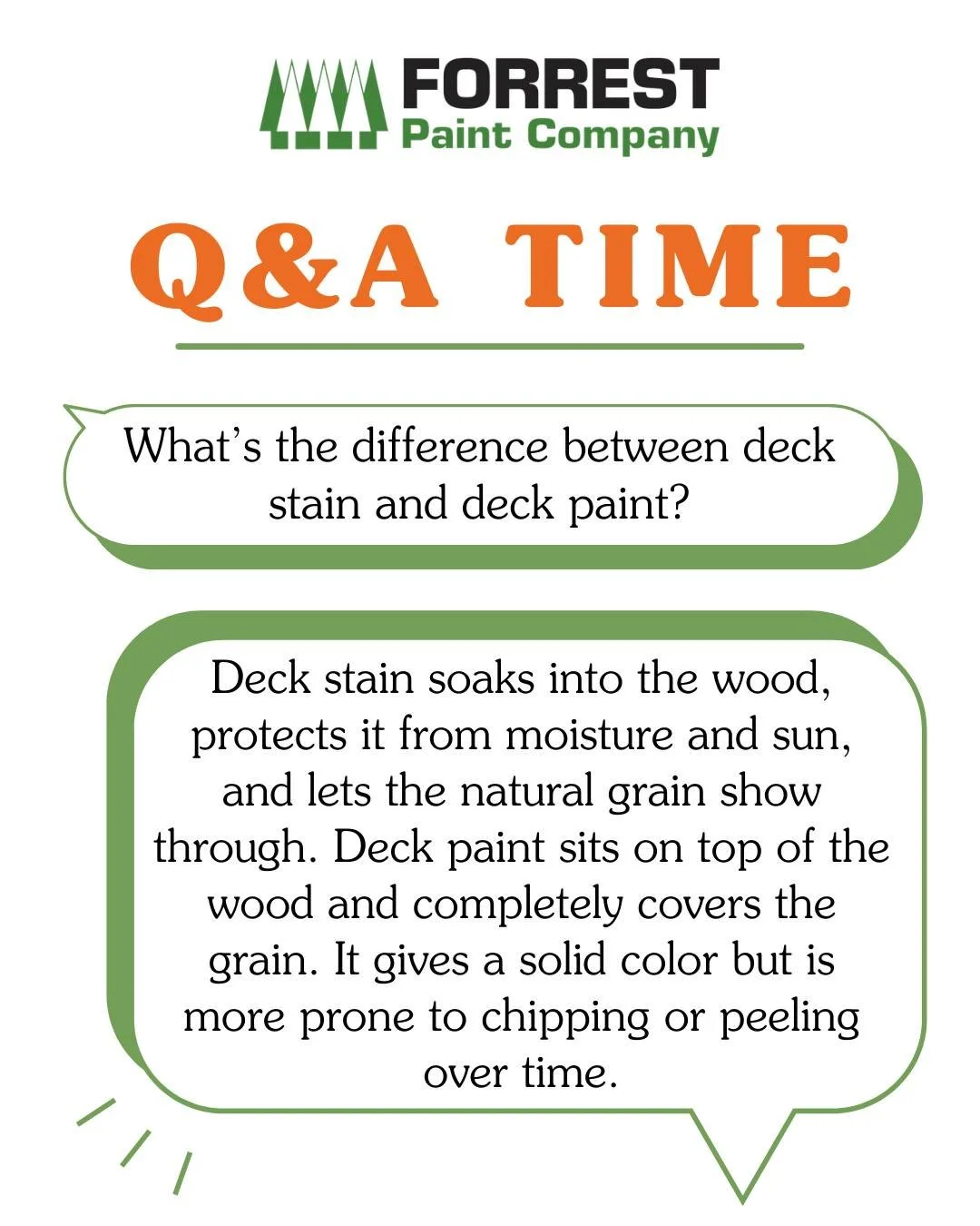 Deck stain or deck paint? Stain soaks into the wood and enhances its natural look, while paint creates a smooth, solid finish.
Either way, we&rsquo;ve got you covered at Forrest Paint.

#ForrestPaint #DeckStain #DeckPaint #ExteriorProjects #OutdoorDI