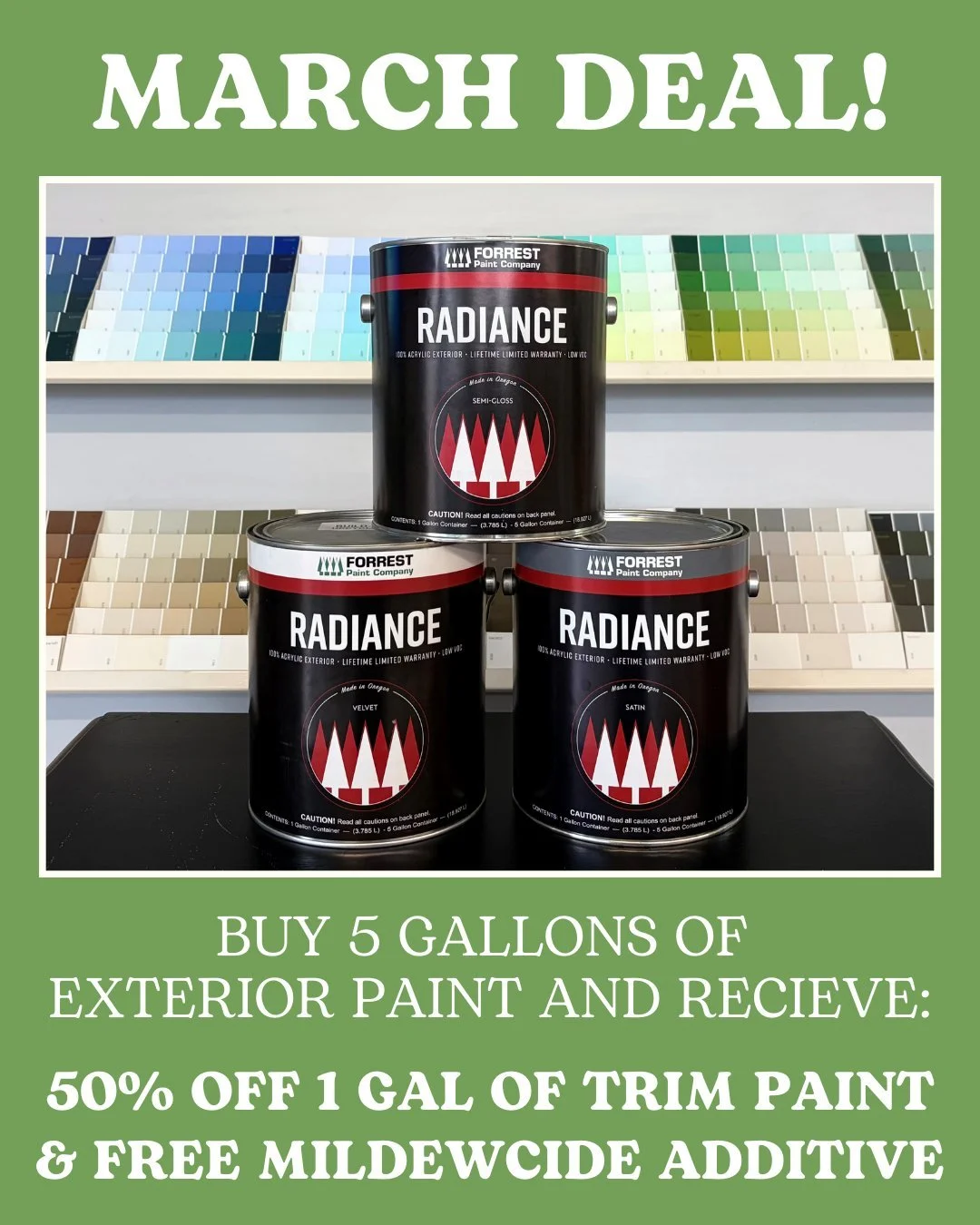 Thinking about painting a house this season? Get a whole new look with the best paint the Pacific Northwest has to offer. Take advantage of our March special: buy 5 gallons of exterior paint and get 1 gallon of trim half off plus 1 free mildewcide.

