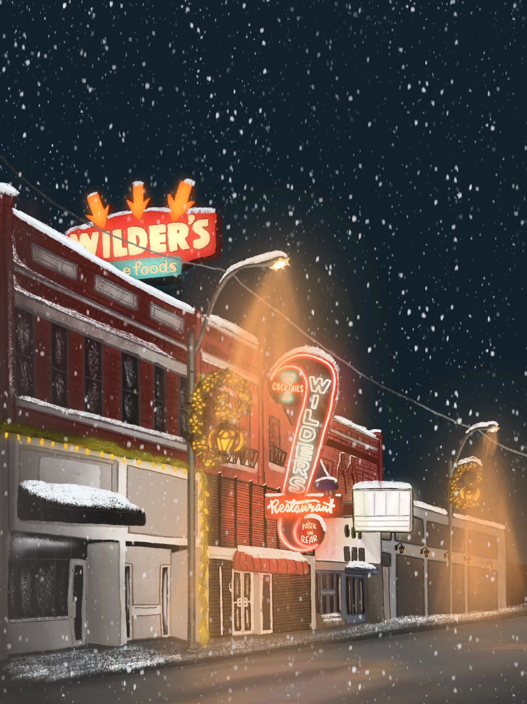 Wilders restaurant in joplin missouri- neon sign with snow at Christmas