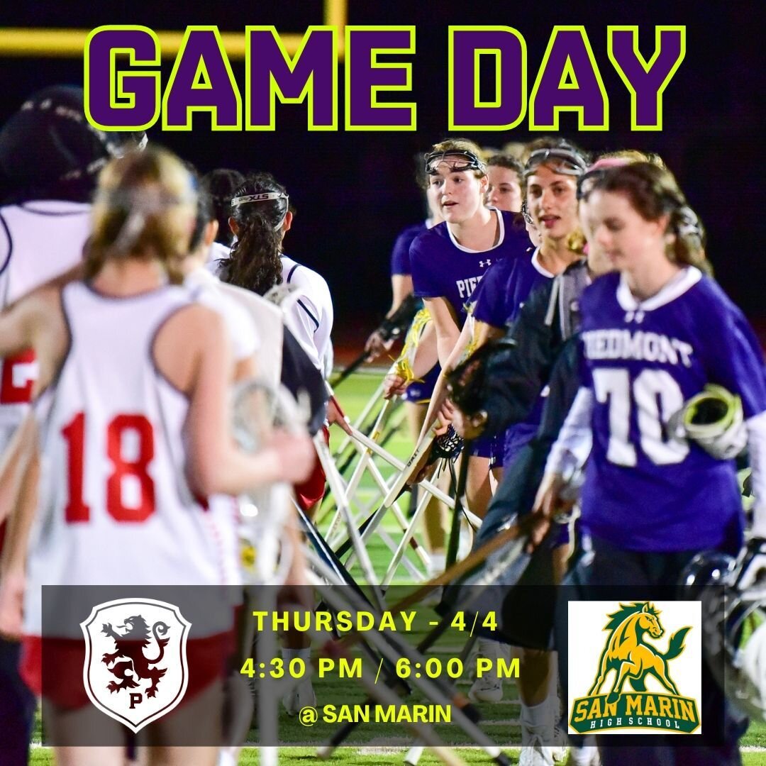 🔥Game Day Alert🔥 Piedmont Girls Lacrosse 🥍 (9-2 overall, 4-0 league) travels to San Marin in Novato on Thursday - 4/4 at 6:00 pm.

🥍 JV at 4:30 PM
🥍 VAR at 6:00 PM

#glax #GoHighlanders #lax #wacc #piedmontathletics #highschoolsports #sports

@P