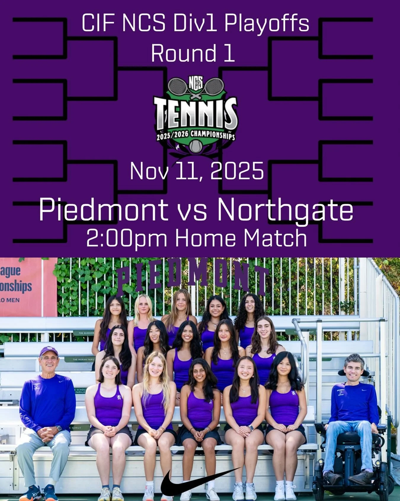 Your Highlanders host Northgate HS in the opening round of the CIF NCS Div 1 Playoffs this afternoon at 2pm. Come out to Corey Reich Tennis Center and support your Highlanders. #gohighlanders #piedmont #hssports #playoffs