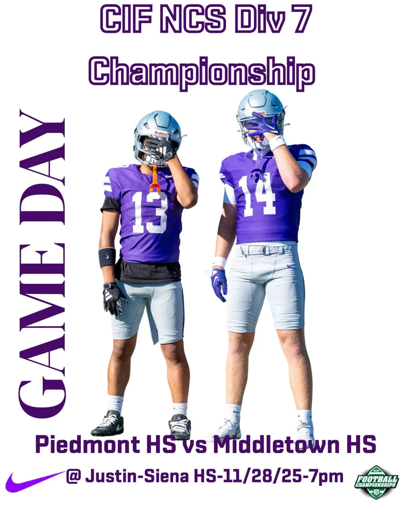 CIF MCS DIV 7 Championship tonight at Justin-Siena HS vs Middletown HS. #gohighlanders #piedmont #thisishsfootball #hssports