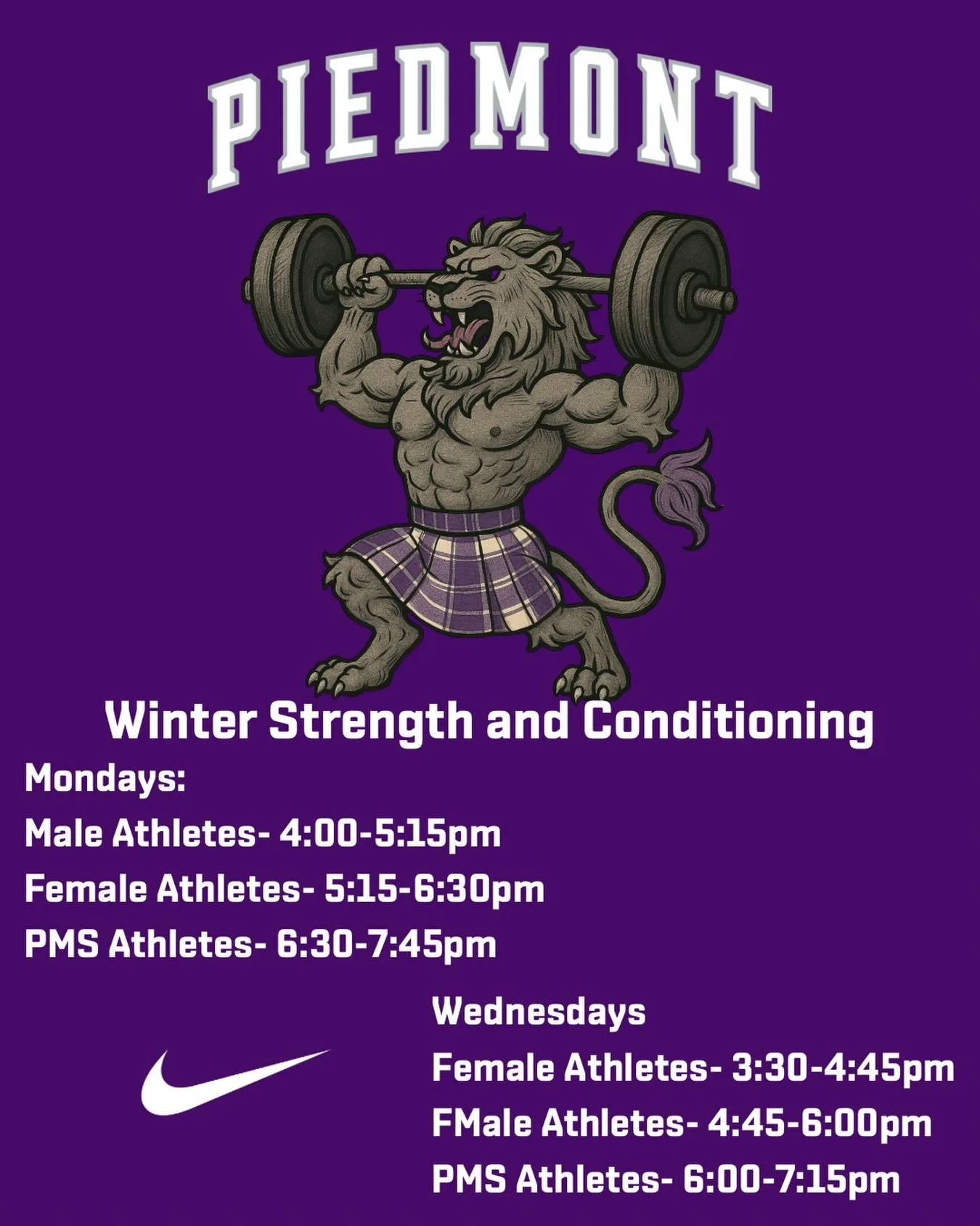 Winter strength and conditioning schedule for all off season athletes. Starts Wed 12/3! #gohighlanders #piedmont #strengthandconditioning #championsaremadeintheoffseason