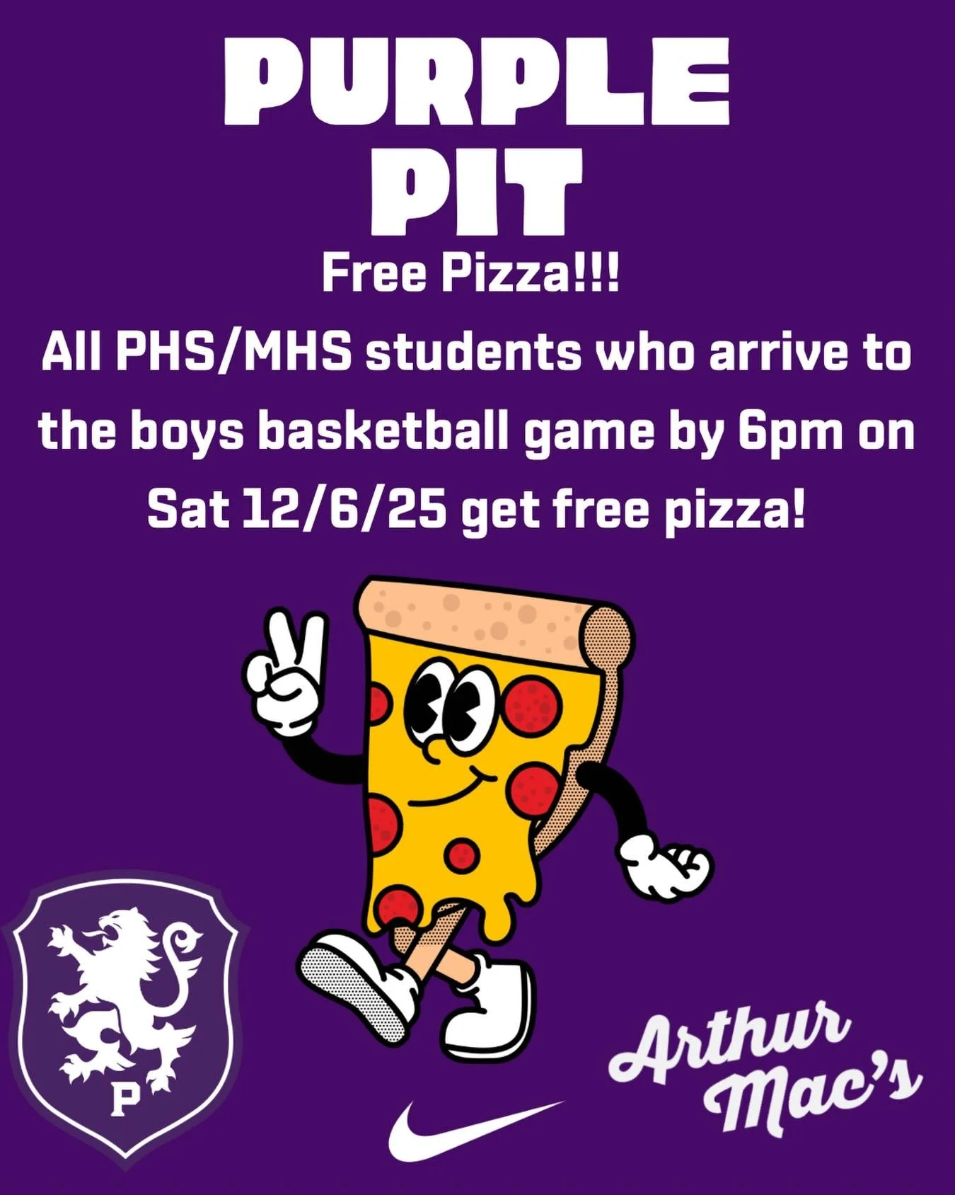 That&rsquo;s right FREE PIZZA for the purple pit at Saturday nights Boys Basketball game vs Archie Williams! #gohighlanders #piedmont #freepizza