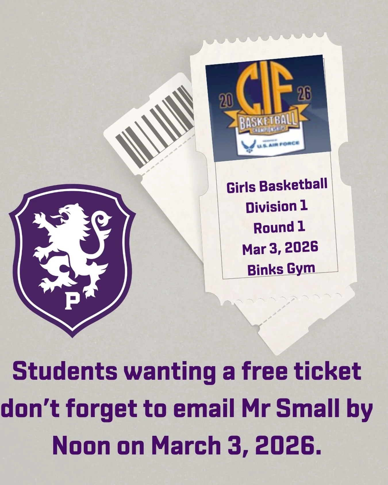 Students wanting a free ticket to tomorrow nights CIF Div1 Girls Basketball game at Piedmont HS need to put their request in via email by noon tomorrow. #gohighlanders #piedmont #hssports #statetournament