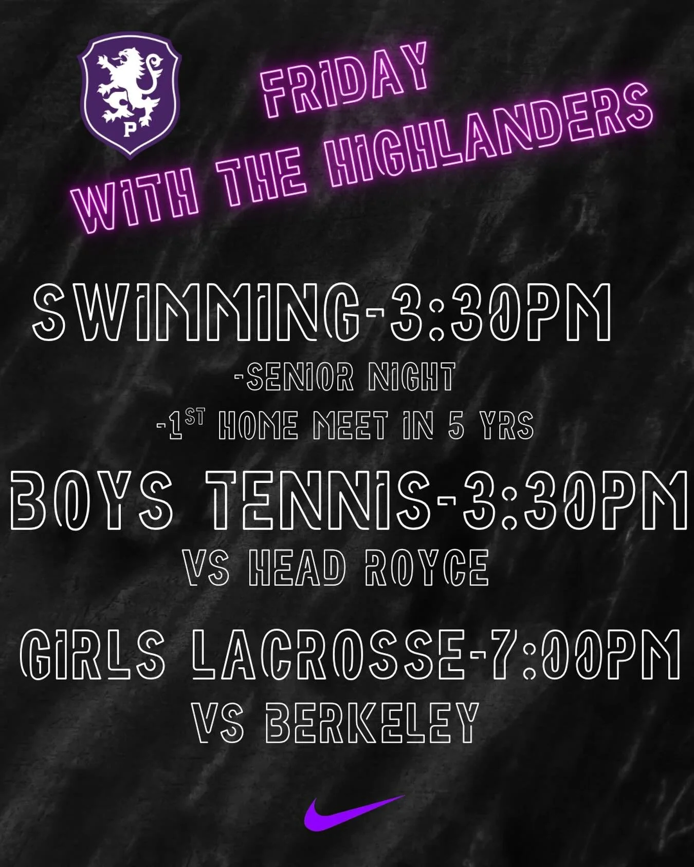 Kick off the weekend with the Highlanders. We have a Friday night packed with Highlanders at home. Swimming vs Castro Valley in the teams first home meet in 5yrs, Boys Tennis takes on Head-Royce at Corey Reich Tennis Center, and capped off with Girls