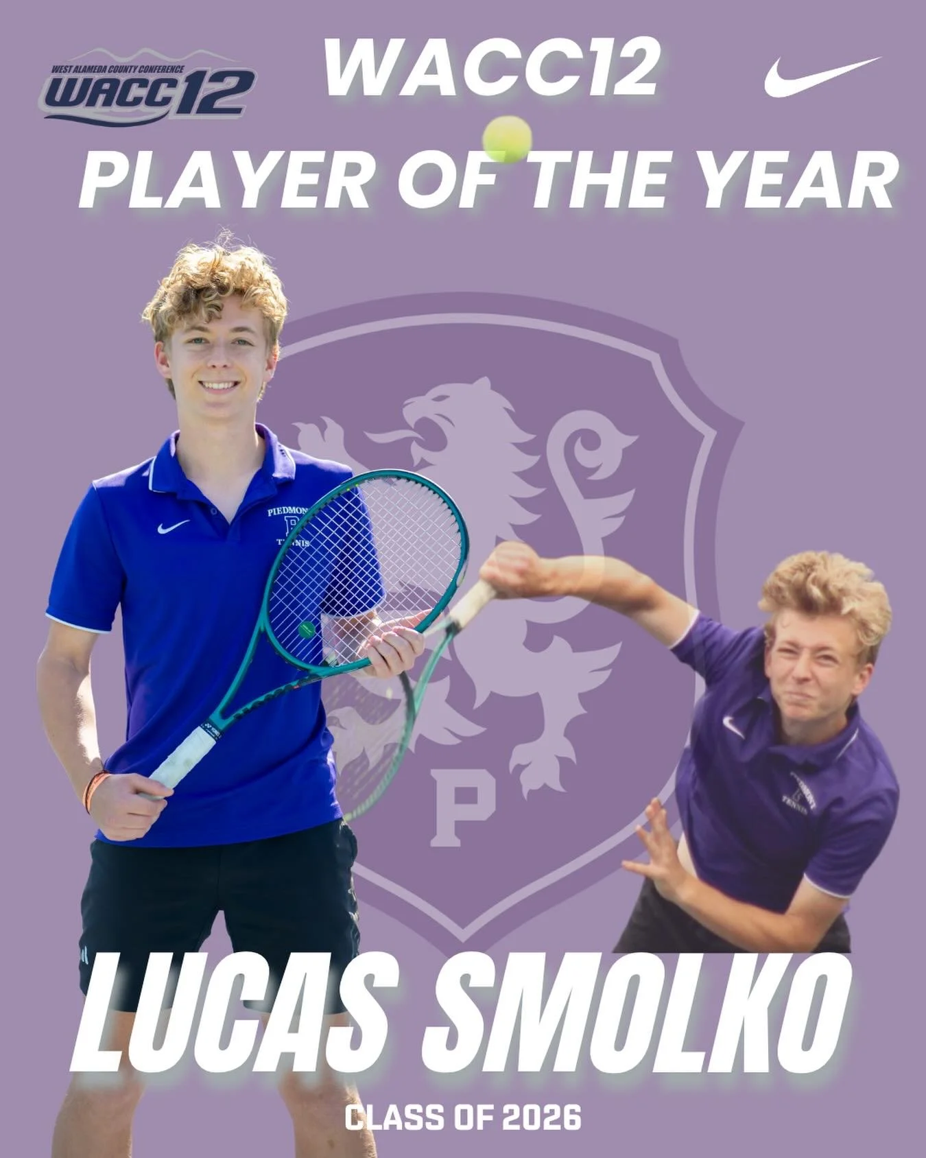 Lucas Smolko your 2026 Boys Tennis WACC12 Player of The Year. Back to Back Player of The Year honors for Lucas. #gohighlanders #piemdont #hssports #tennis #mvp