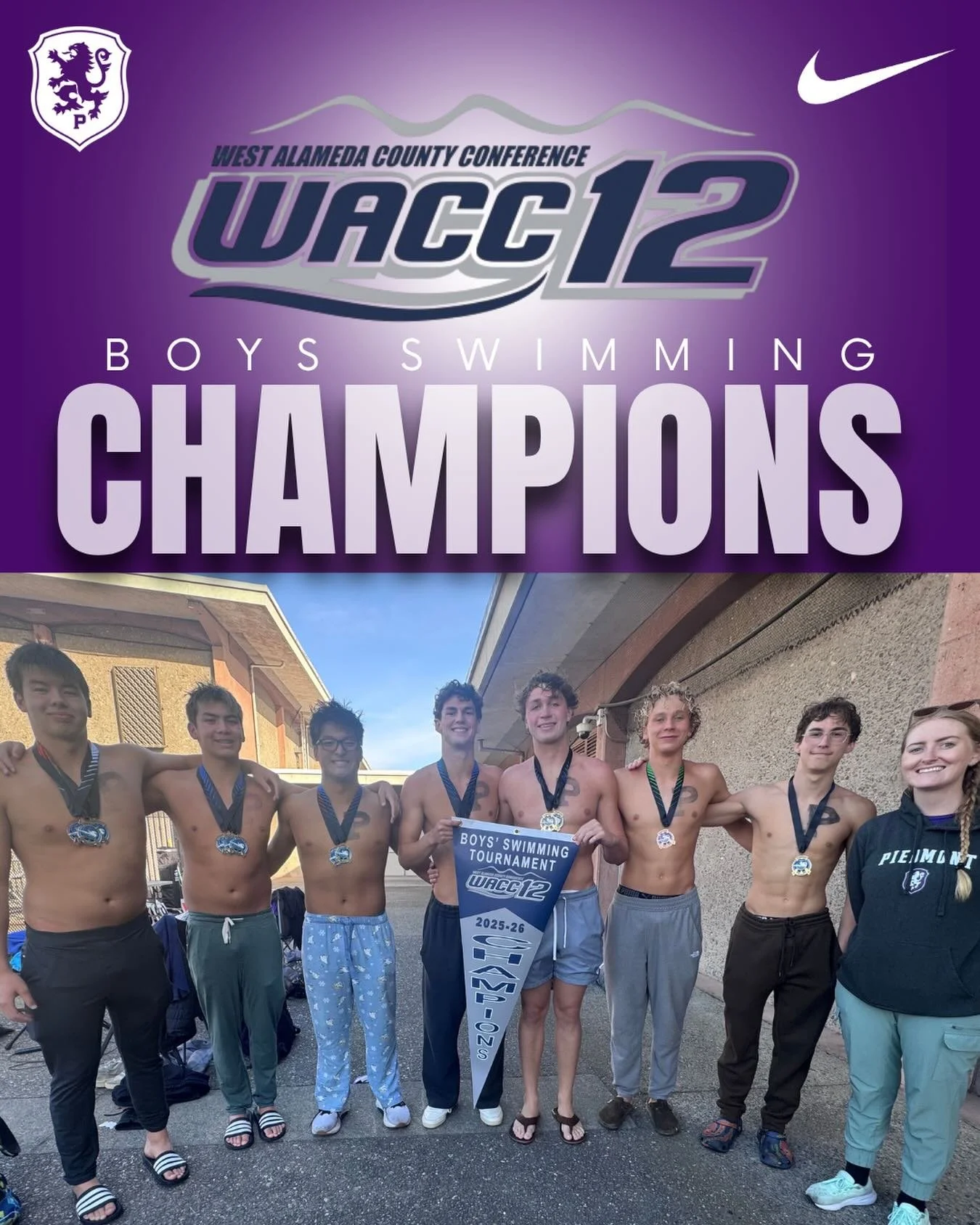 Your 2026 Boys Swimming WACC12 Champions. While small in numbers Piedmont Swimming showed out and brought home the schools first WACC12 League Championship. #gohighlanders #piedmont #hssports #swimming #champions
