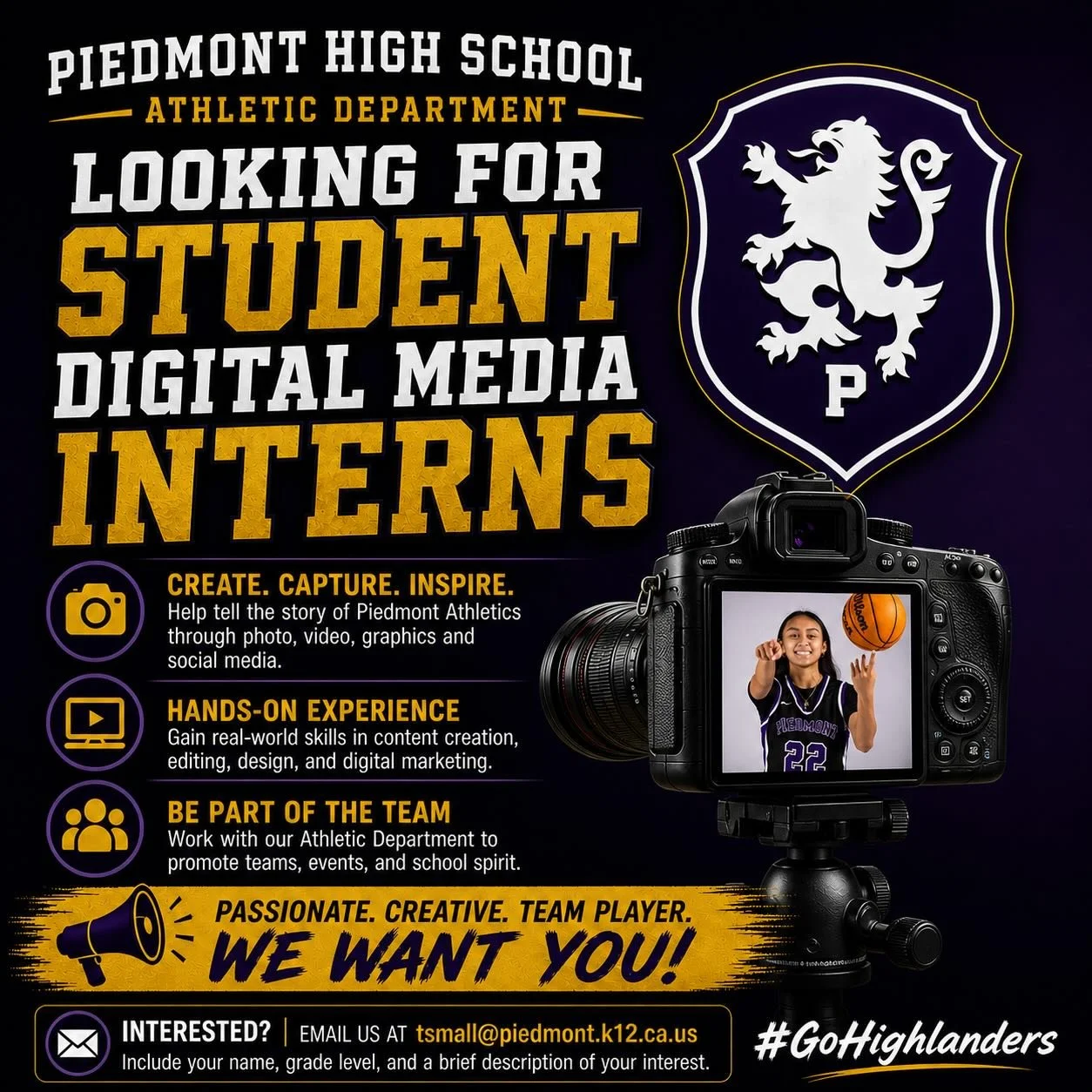We are looking for student digital media interns. A great way to get involved and help us capture all the moments across all of our sports. Any students interested should reach out.
