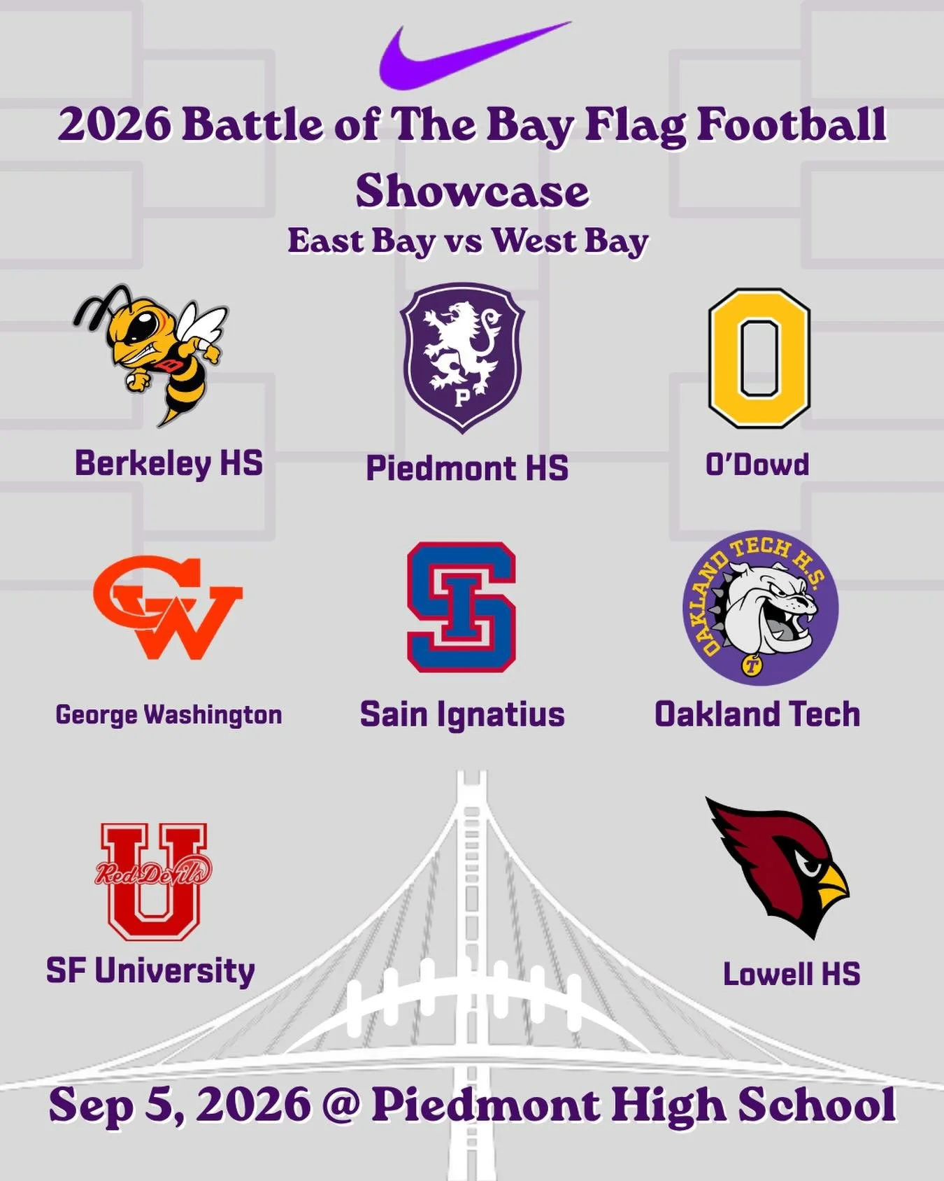 The field is set for the inaugural Battle of The  Bay Flag Football Showcase. East Bay Schools take on West Bay Schools for bragging rights #gohighlanders #hssports #flagfootball #battleofthebay #bayarea