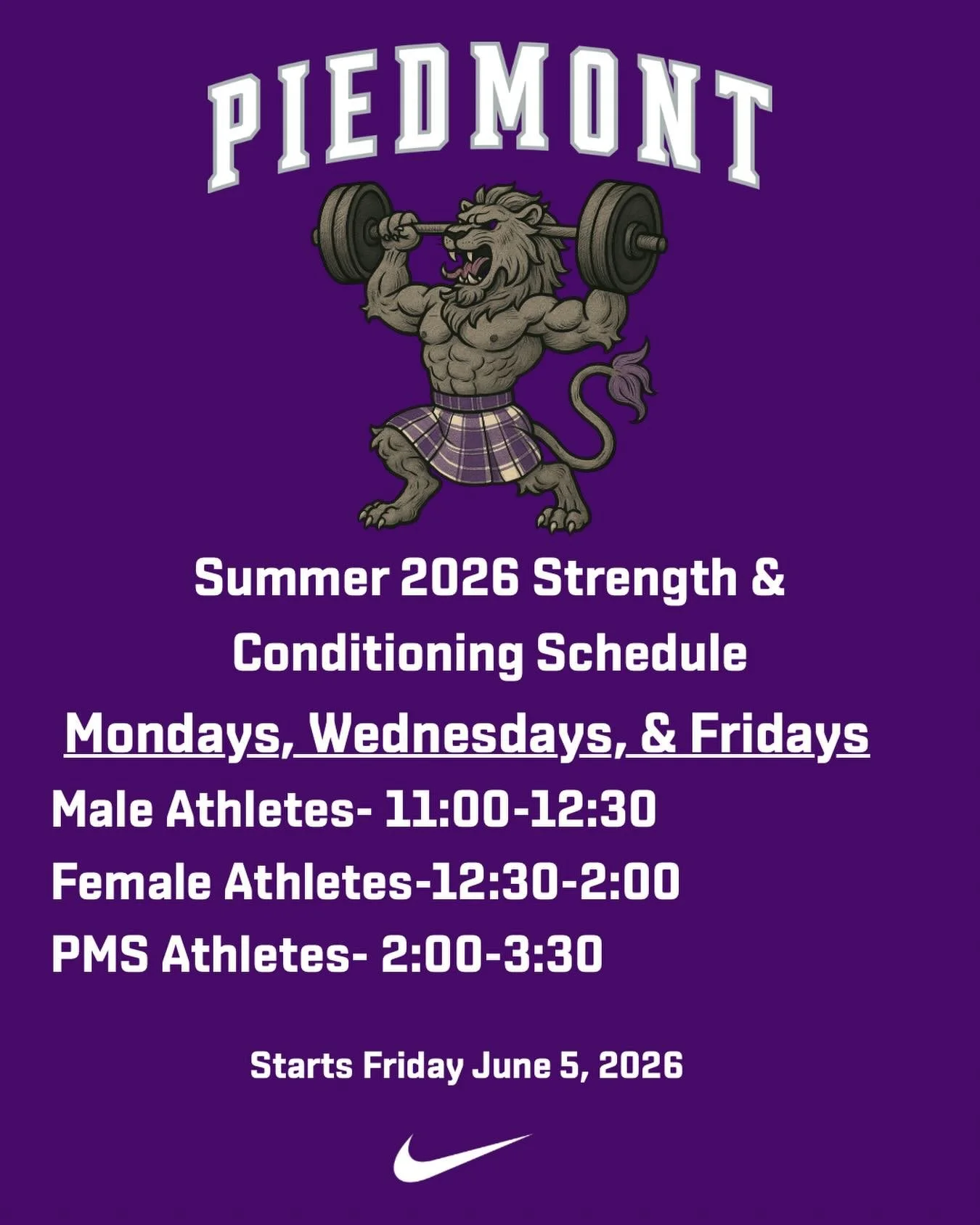 Summer Strength and Conditioning Schedule #gohighlanders #piedmont #hssports