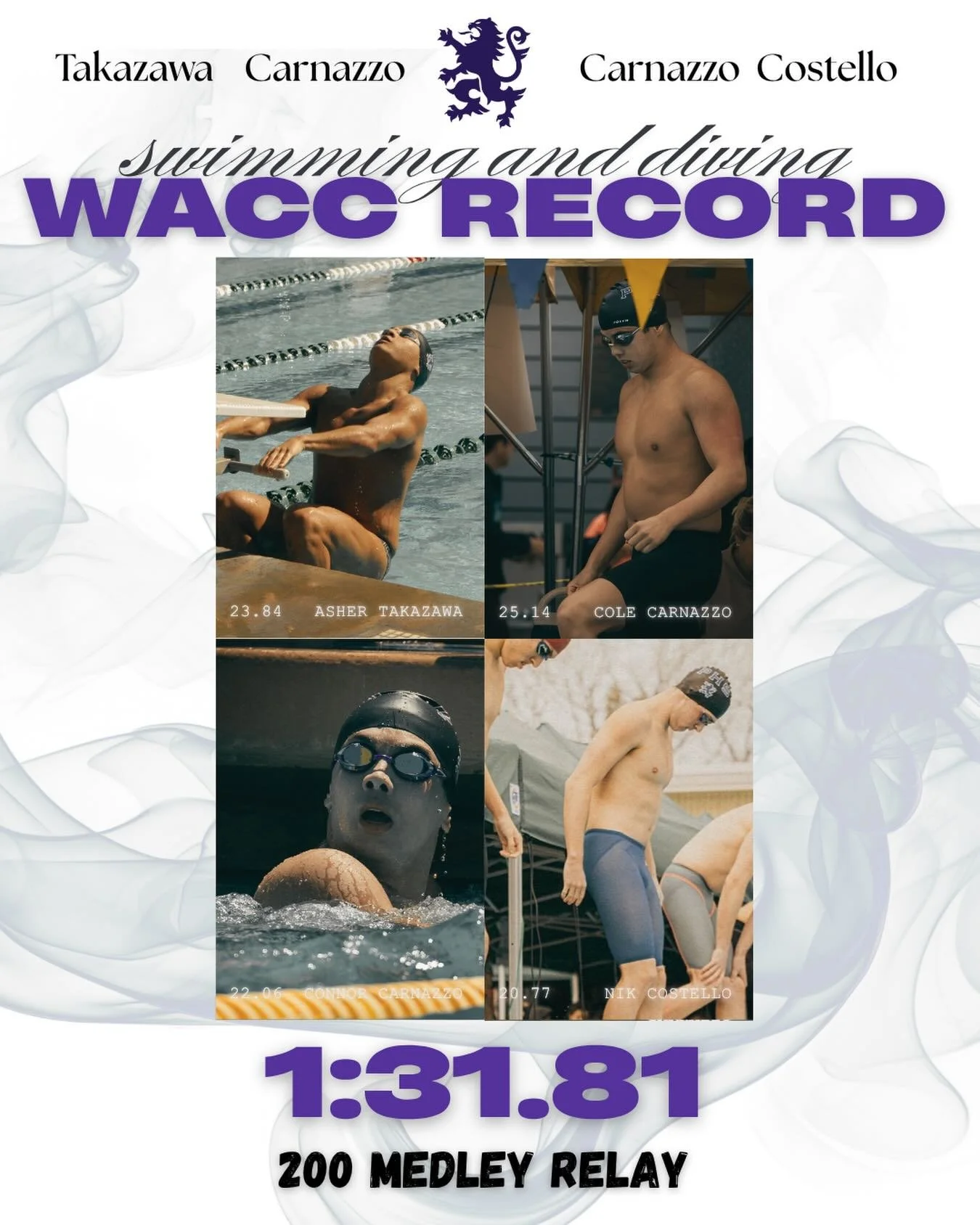 A new WACC12 200 Medley Relay record has been set by @asher_takazawa @connorcarnazzo @colecarnazzo_ @nik.costello Good Luck this weekend at the CIF State Championships #gohighlanders #piedmont #hssports #swimming