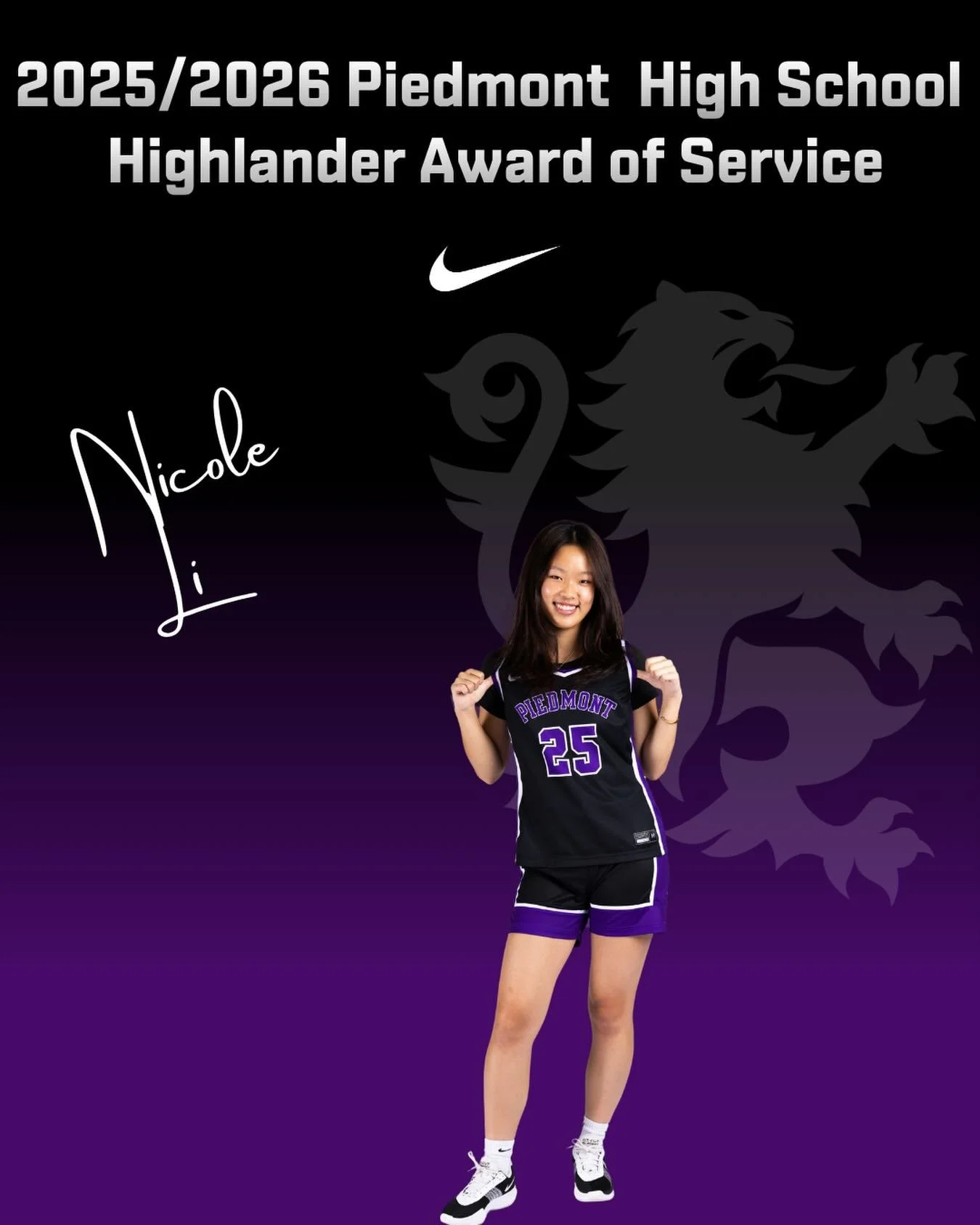 Piedmont High Schools 2026 Award of Service Nicole Li #gohighlanders #piedmont #hssports