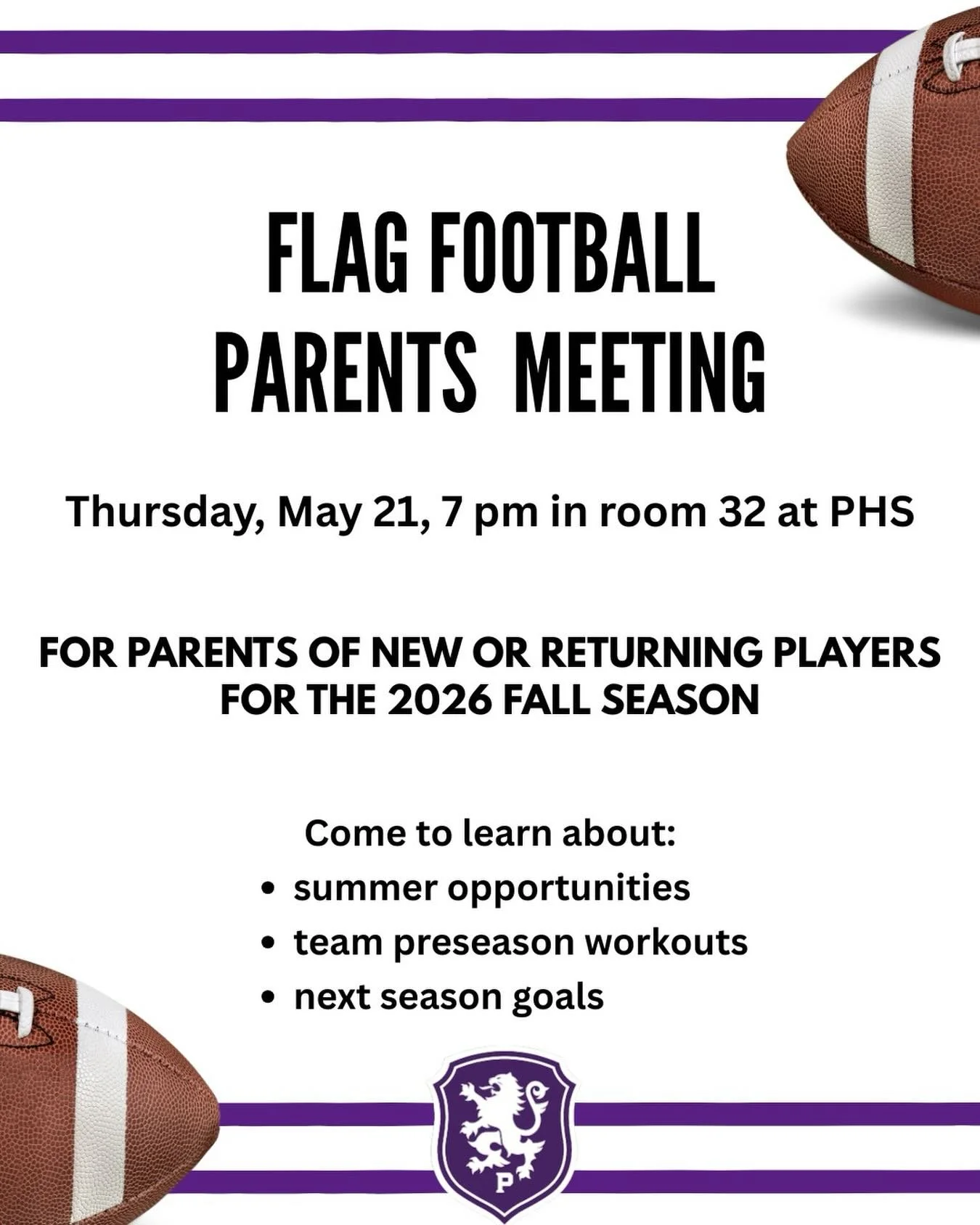 There will be a parent meeting in May 21 at 7pm in room 42 for any parents of new or returning players for flag football. Come to this informational meeting to learn more about how to get involved in the flag football community! #gohighlanders #piedm