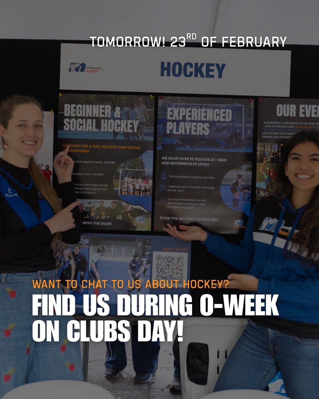 TOMORROW! Find us at the #unimelbsport clubs day on the 23rd of February from 11am-3pm at the Student Precinct!! 

There will be loads of friendly faces and it&rsquo;s a great way to as us any questions about our upcoming season and our range of squa