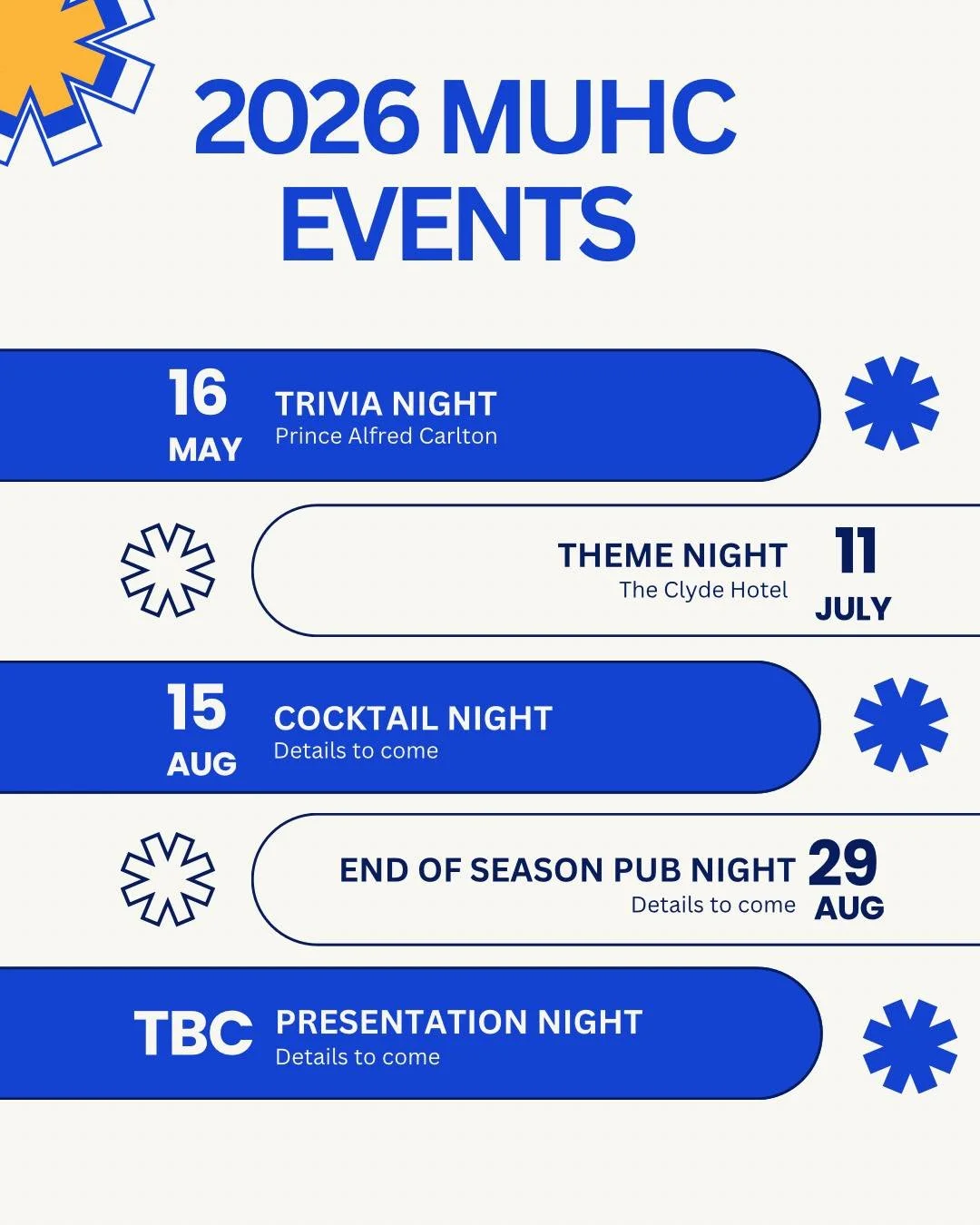 Save the date for these super fun MUHC events! More details on Trivia night will be out soon via socials &amp; passback 🕺🎤🍻 

#MUHC #hockeyisforeveryone #hockeylife #fyp #hockey #events #trivianight #social #events #socialevents #social #club #soc