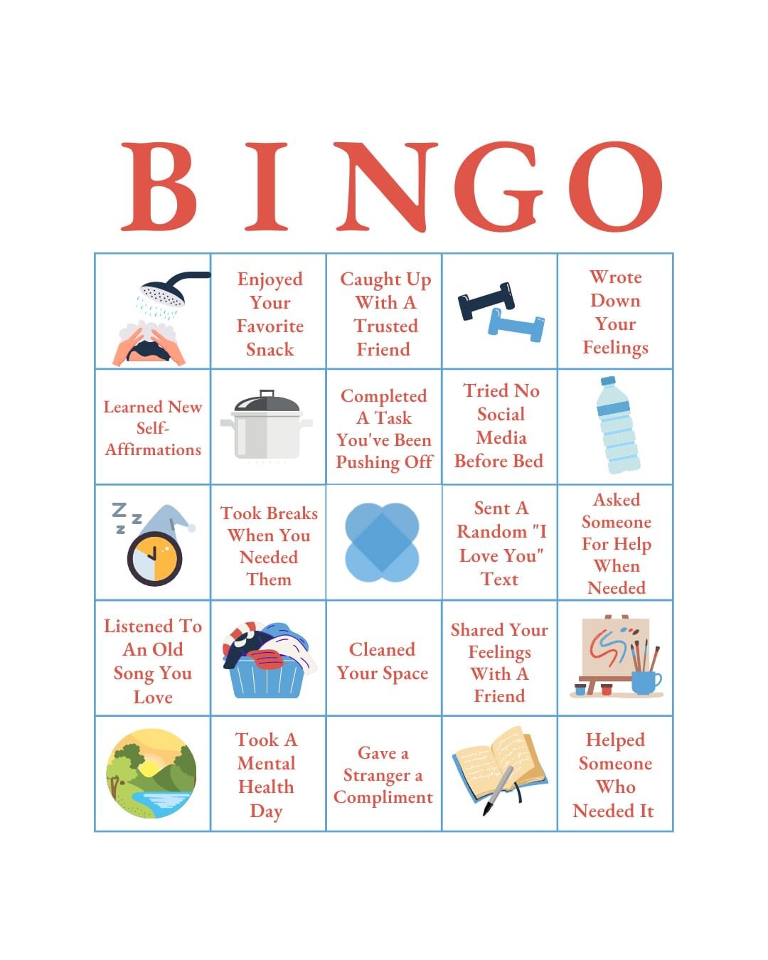 STOP and PLAY BINGO for your Mental Health! 🧠💪 #MentalHealthMonday 

Complete a row of self-care acts and see the positive impact on your mental health! Don't forget to save this post and follow our account for more self-care &amp; mental health re