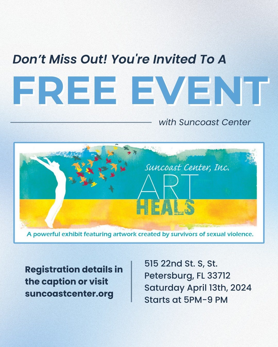 Join Suncoast Center on Saturday, April 13th, 2023, for a remarkable event&ndash; Art Heals: The Journey to Healing. 🌟 @suncoastcenterinc 

Experience the profound impact of art as survivors of sexual violence share their stories through powerful ar