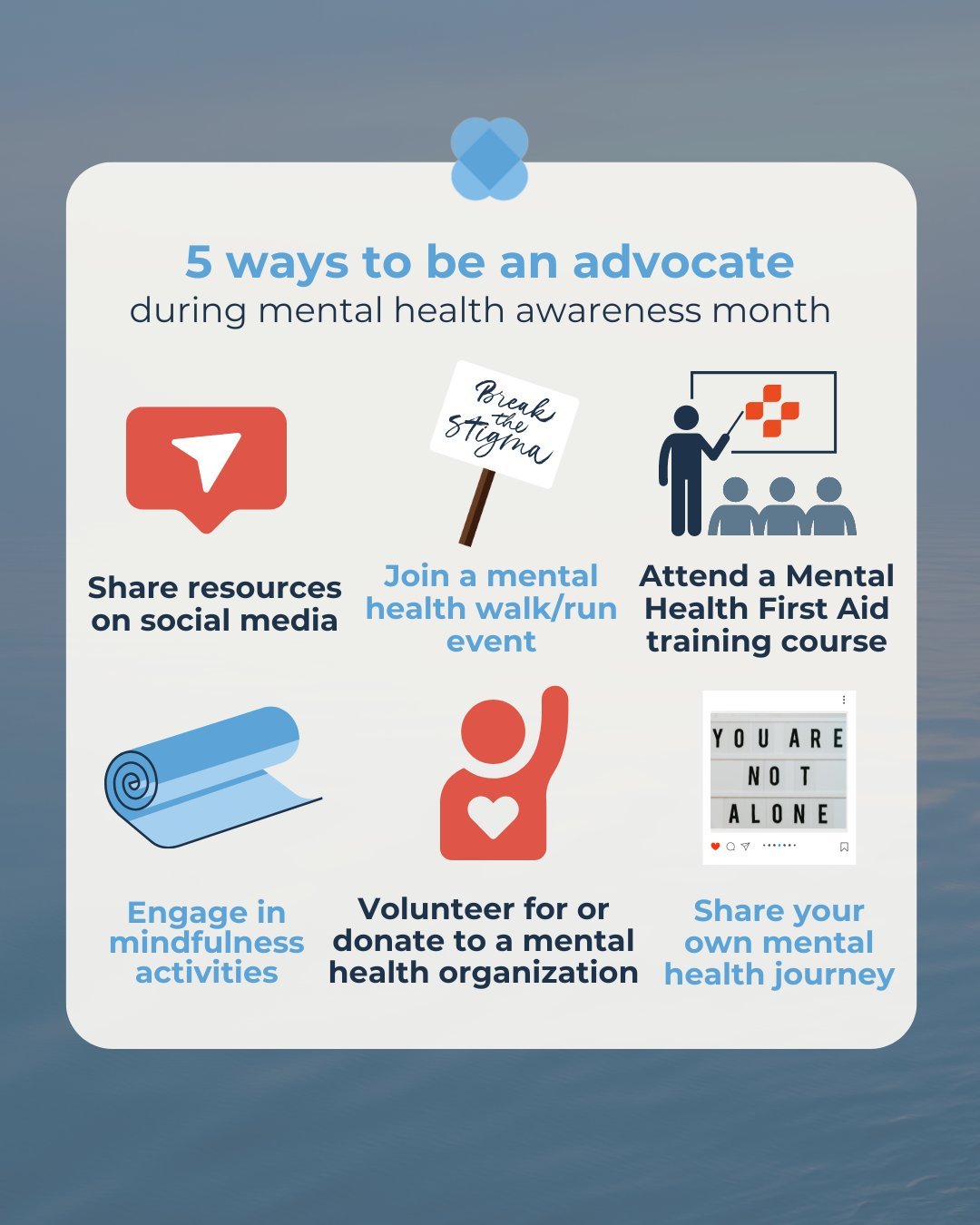 May is National Mental Health Awareness Month and we are excited to post tips, resources and research all month long! 🩵 To kick off this important holiday, here are 5 ways to be an advocate during mental health awareness month:

1. Share mental heal