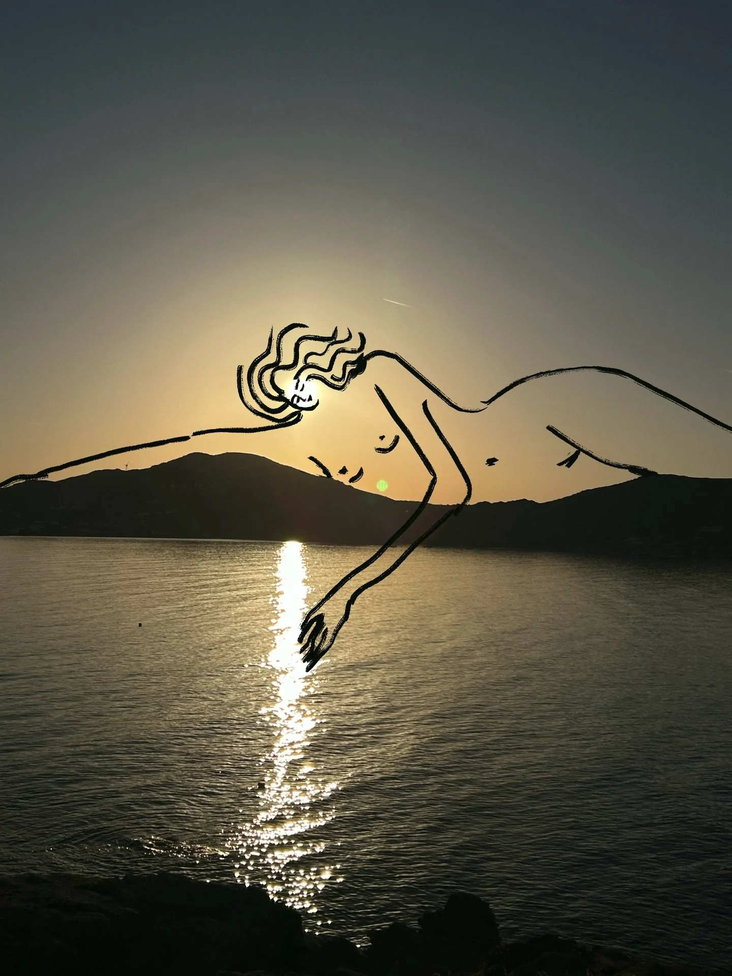 How she plays. 

Finding her all over beautiful Paros. The daily waltz between the sun and sea. Surely they marvel at each other. 

~~ 

Today&rsquo;s walk through the village revealed a gem: 

Ever notice how similar bougainvillea looks to marked sk
