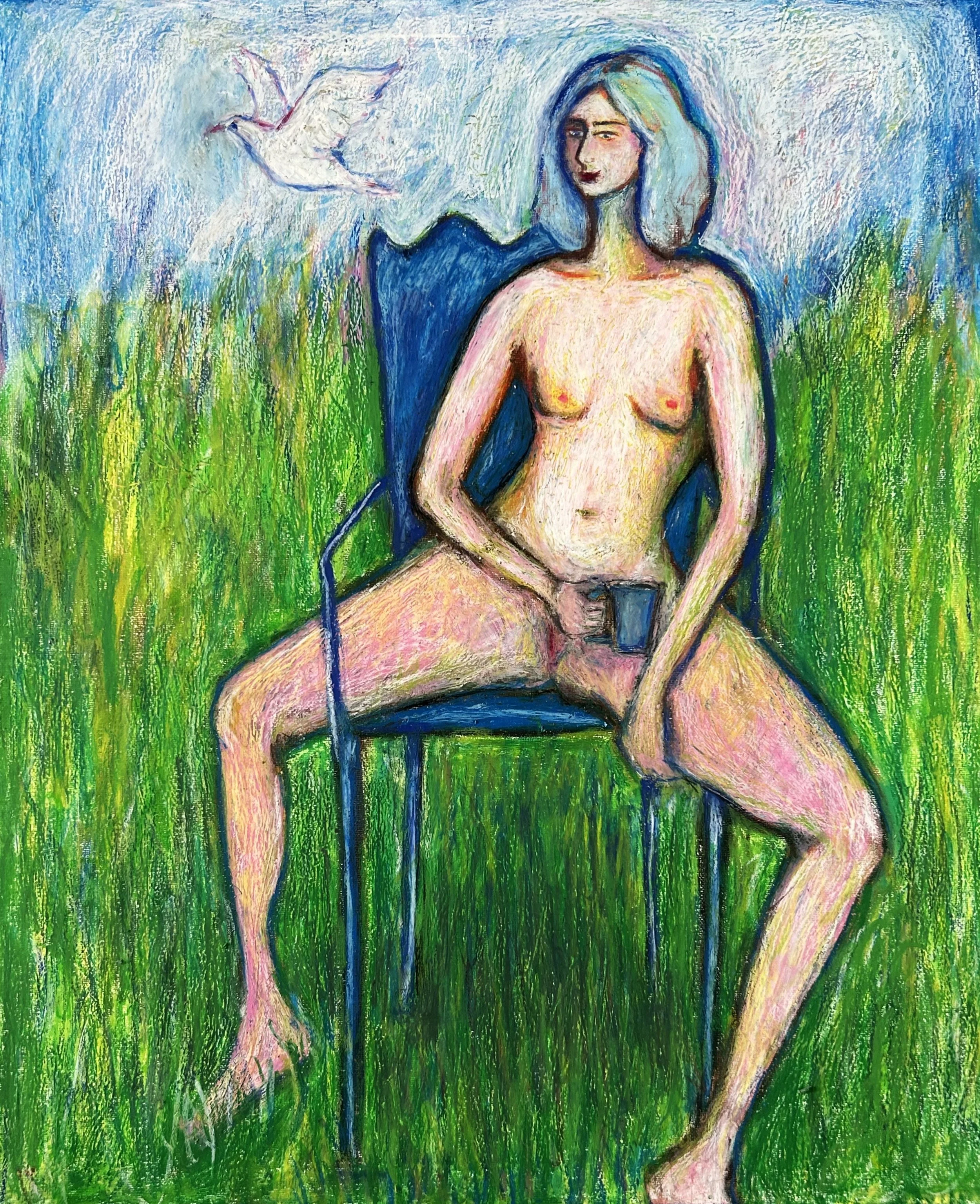 Watching the world go by, oil pastel and coloured pencil on canvas, 2024.