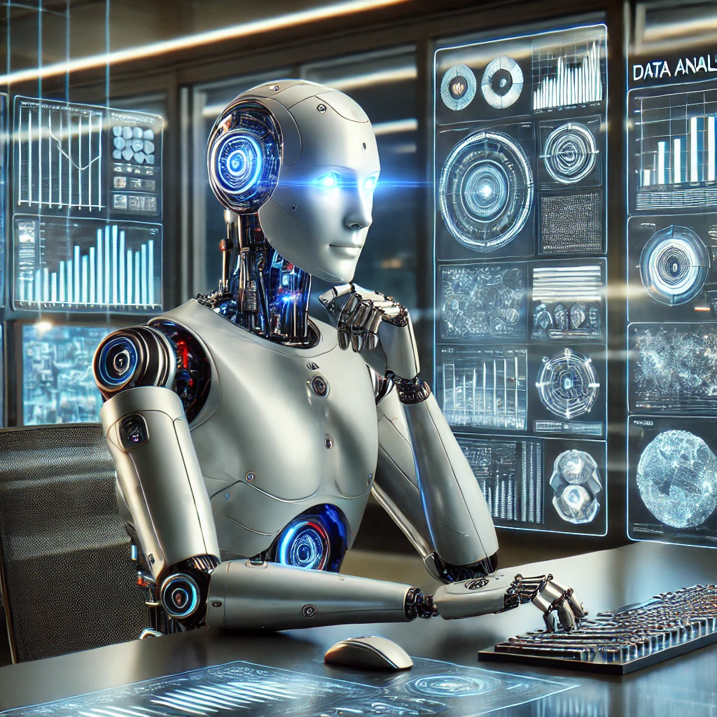 DALL·E 2024-07-24 16.59.11 - A humanoid robot performing data analysis in a photo-realistic 3D style. The robot is seated at a sleek, modern desk with multiple monitors displaying.png