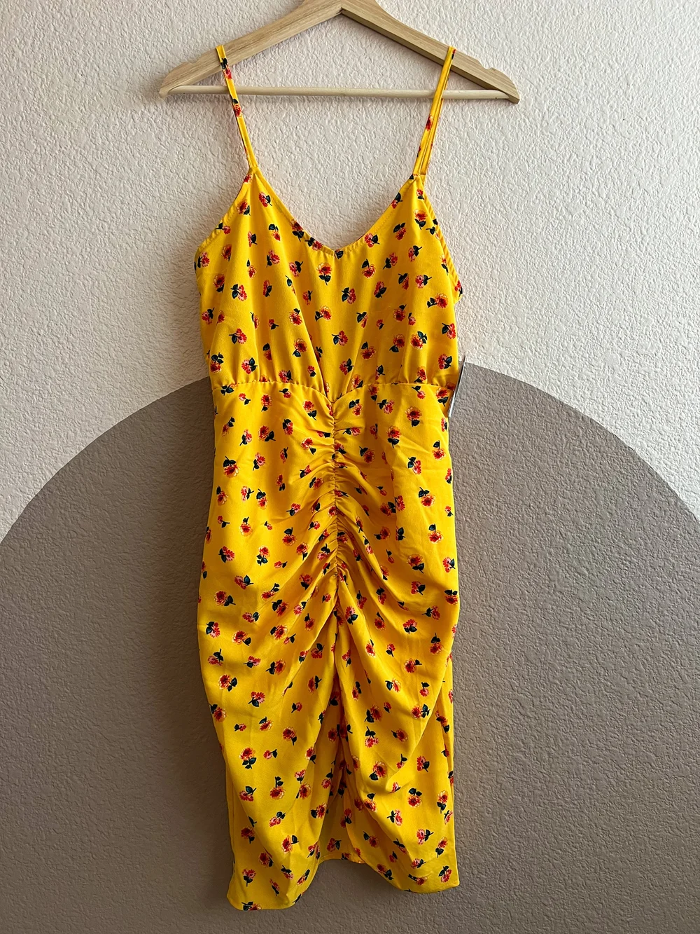 yellow floral ruched dress Zapaka Women Butter Yellow Floral Midi Dress with Bow Ruffled Ruched A Line Spaghetti Straps Wedding Guest Dress, Yellow / US12