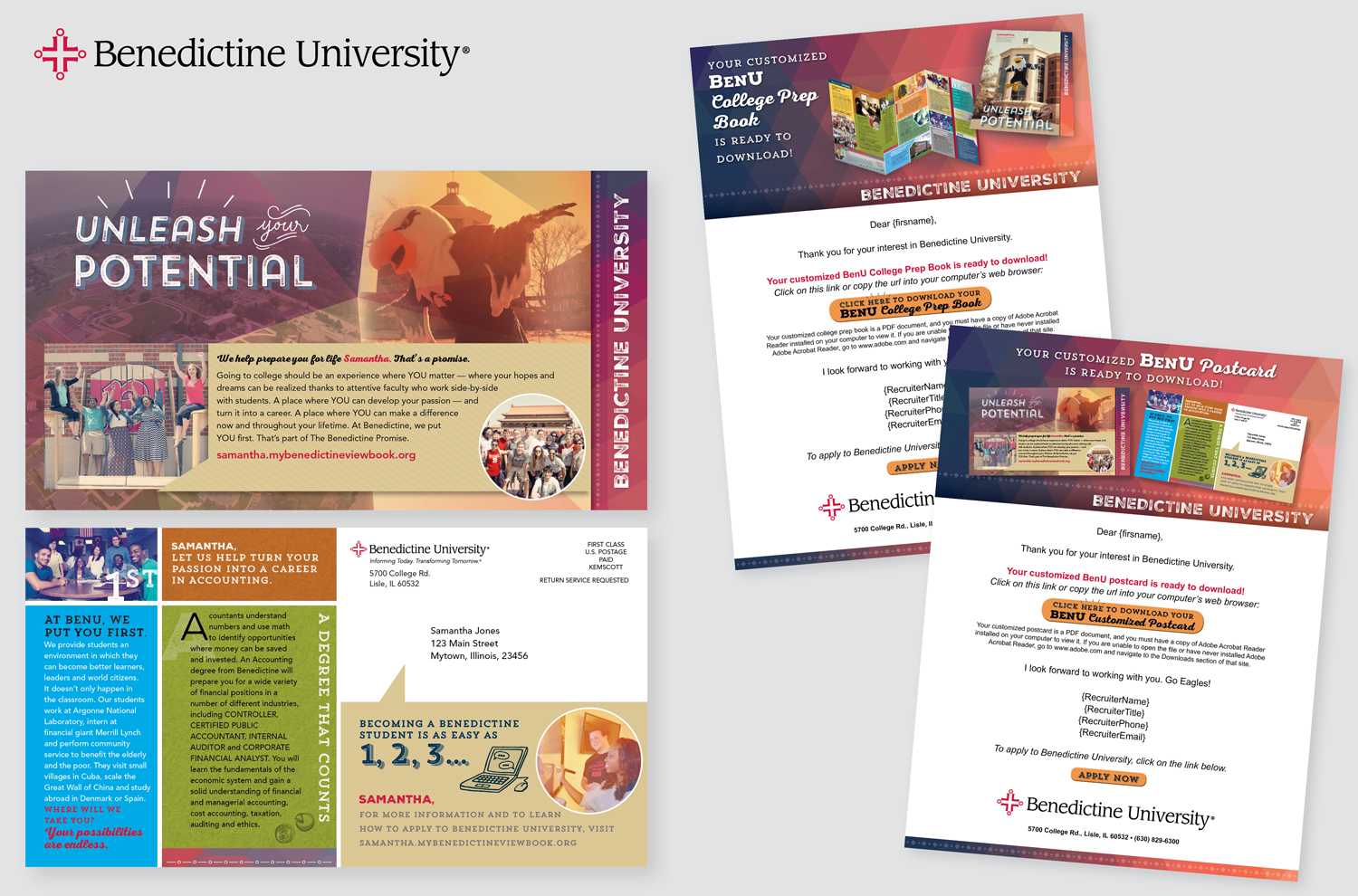 VARIABLE POSTCARD AND ELECTRONIC COMMUNICATION FOR BENEDICTINE UNIVERSITY