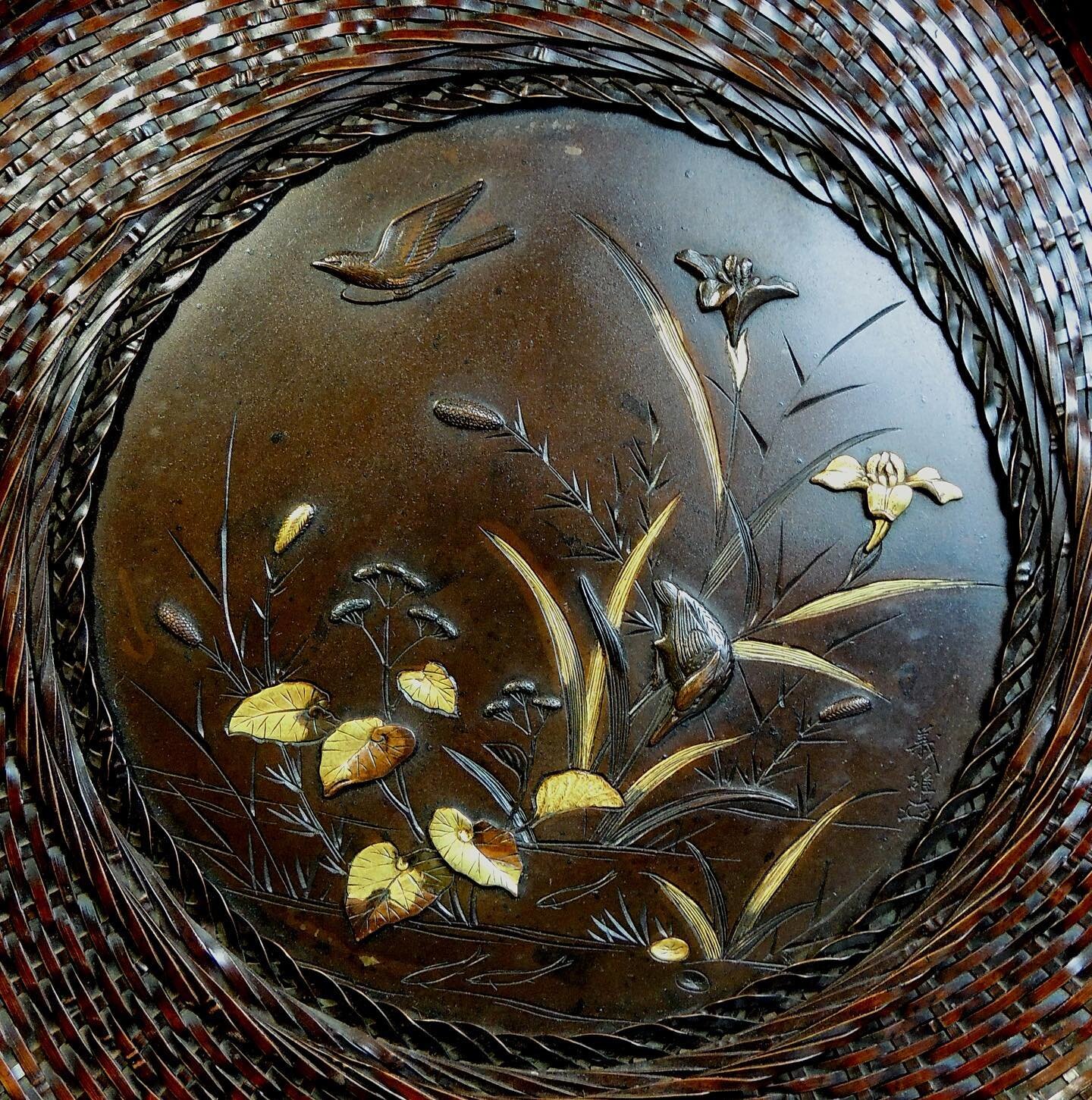 19th century Japanese bronze basket weave plate.  #japan #japanese #japaneseart #japaneseartist #japaneseantique #japanesebronze #japaneseartgallery #japaneseartmuseum #art #artist #artists #artlover #artlovers #artoninstagram #kingfisher #iris #flow