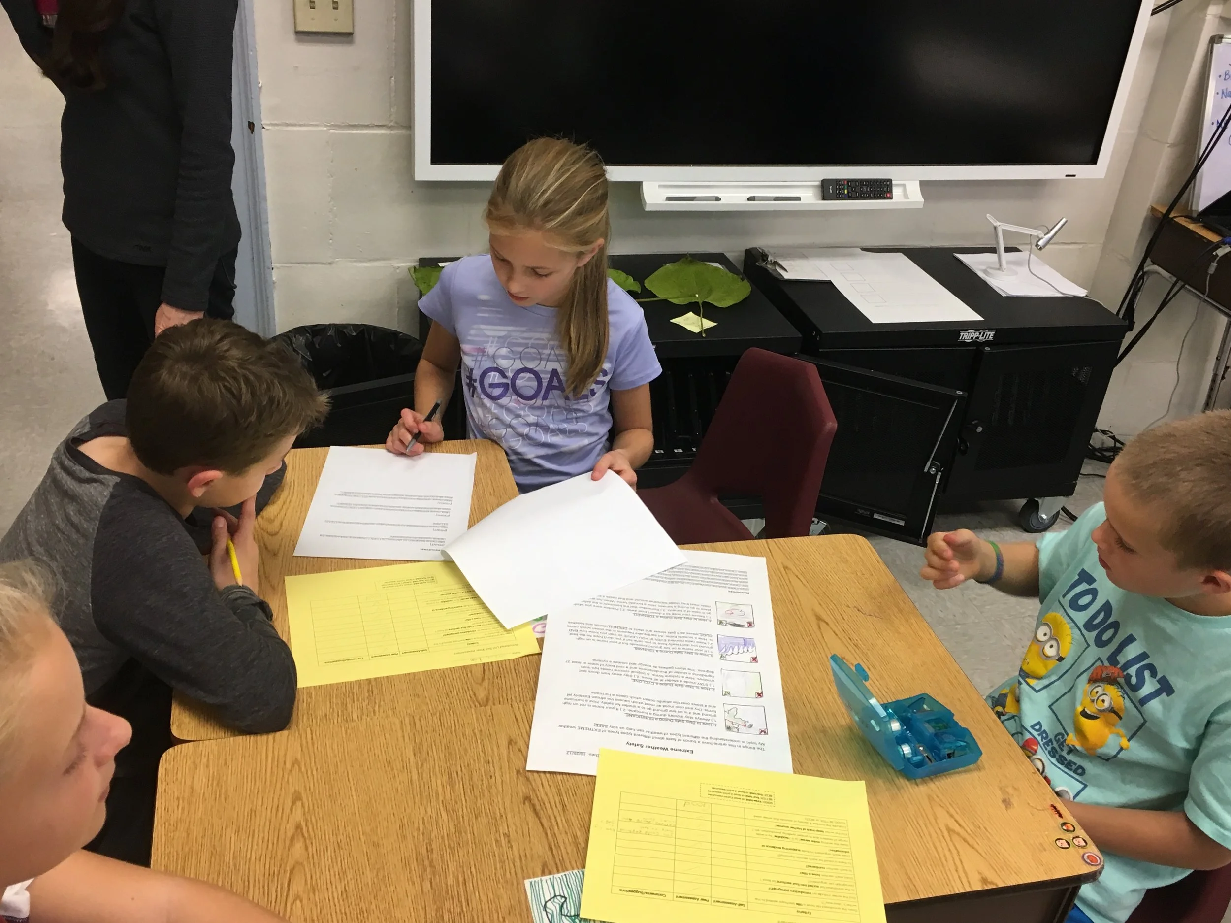 Students from a neighboring class offer feedback on students' annotated lists.